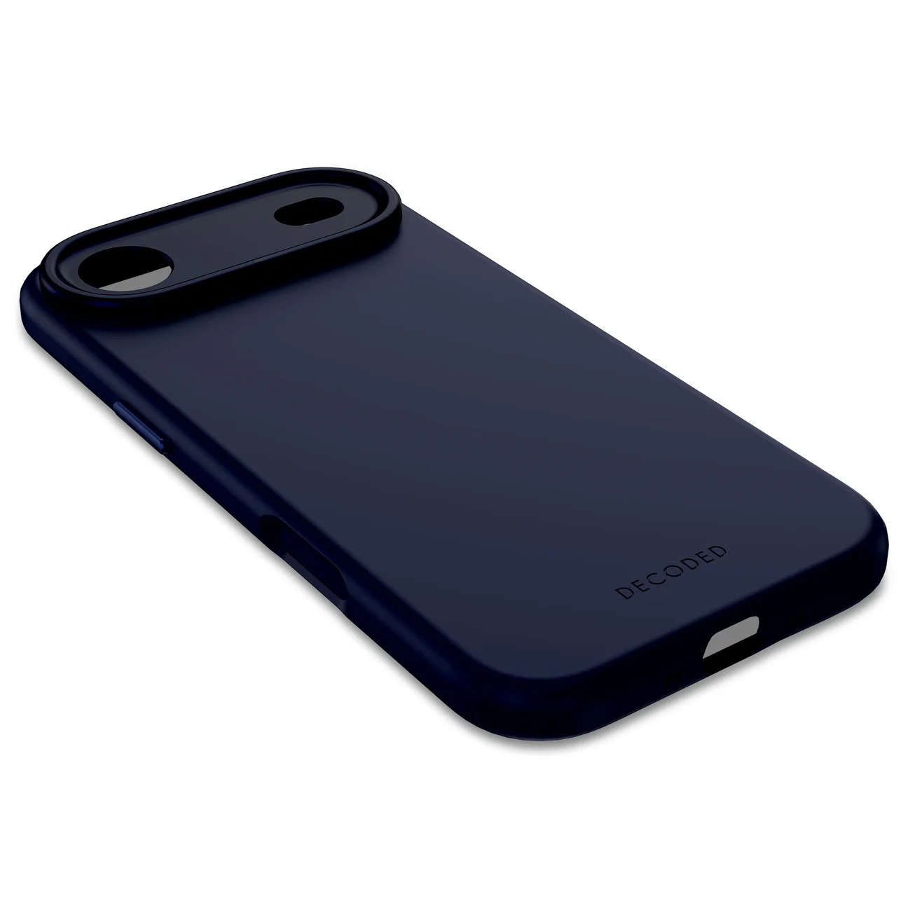 Custodia blu scuro per telefono con ritaglio fotocamera e logo 'DECODED'.