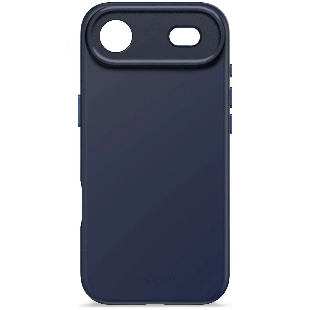 Custodia blu scuro per telefono con ritaglio fotocamera e pulsanti laterali.