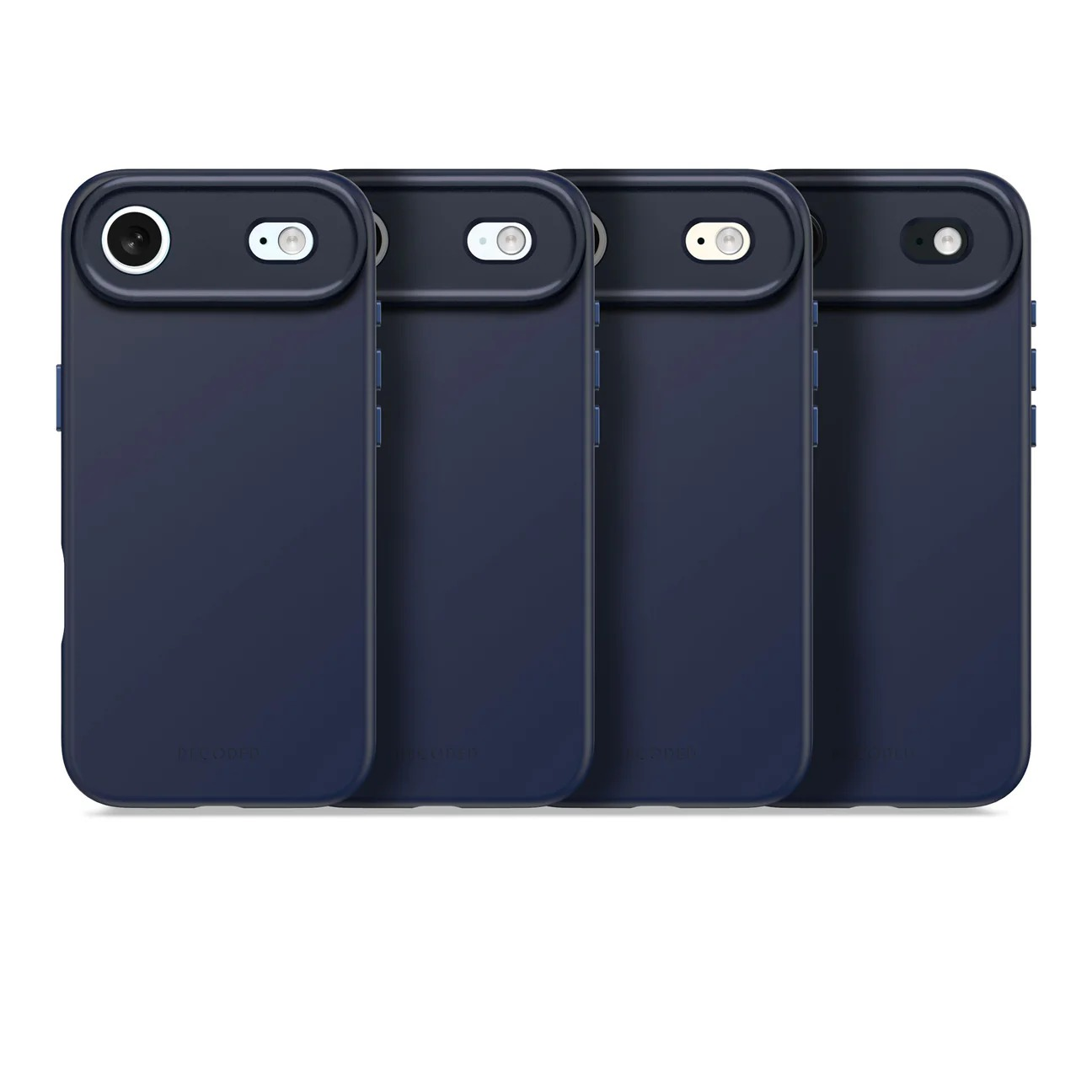 Quattro custodie per telefono blu scuro affiancate con ritagli per fotocamera in alto.