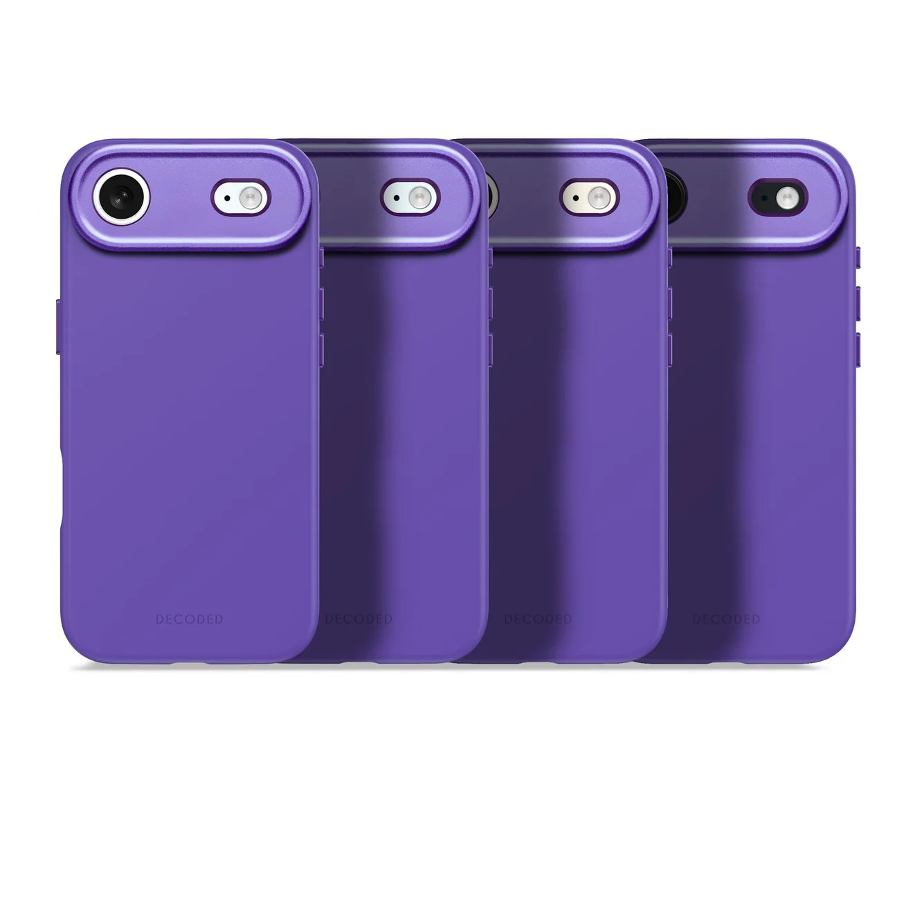 Vier lila iPhone-Hüllen nebeneinander mit Kameraaussparungen.