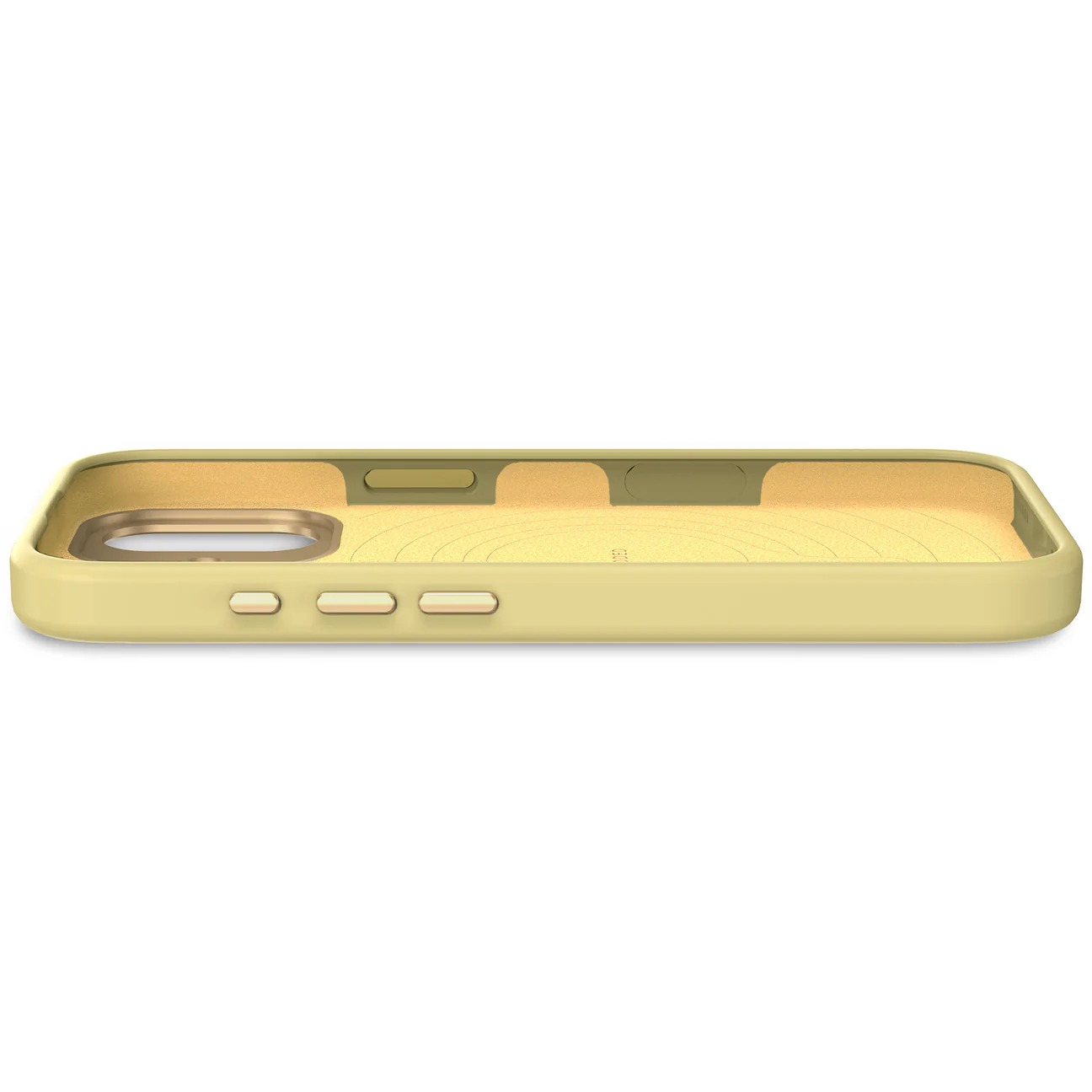 Una custodia per telefono giallo chiaro con pulsanti laterali e ritaglio per fotocamera.