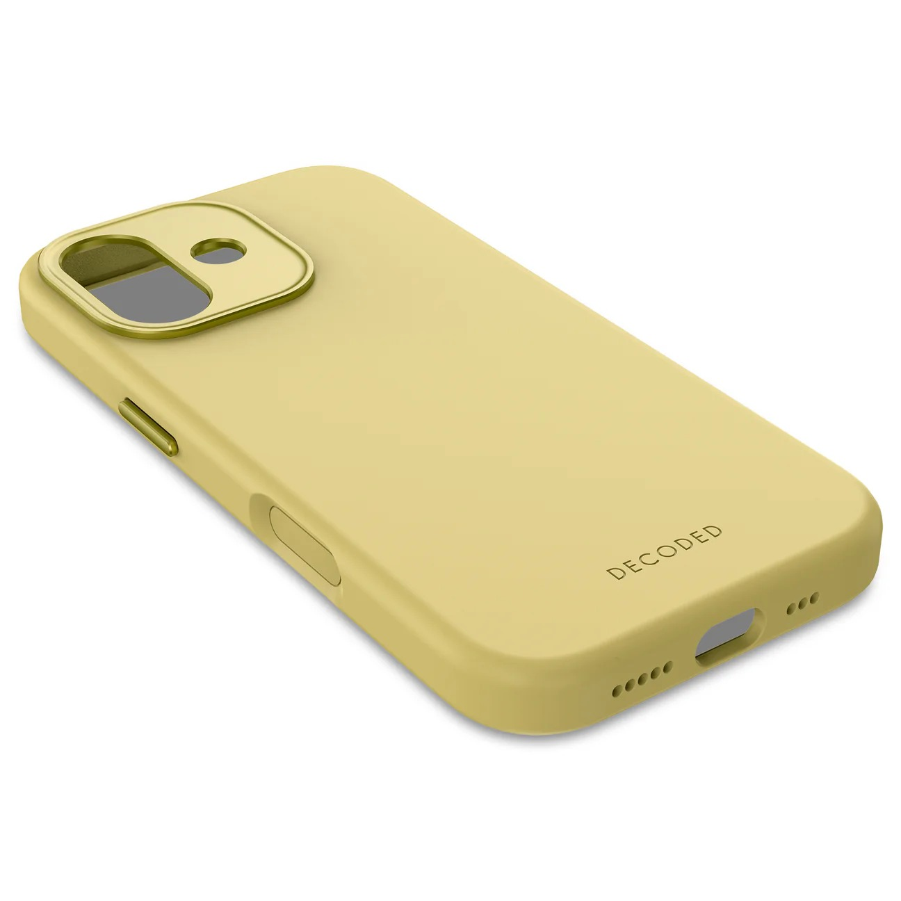 Una custodia gialla per telefono con ritaglio fotocamera e logo DECODED.