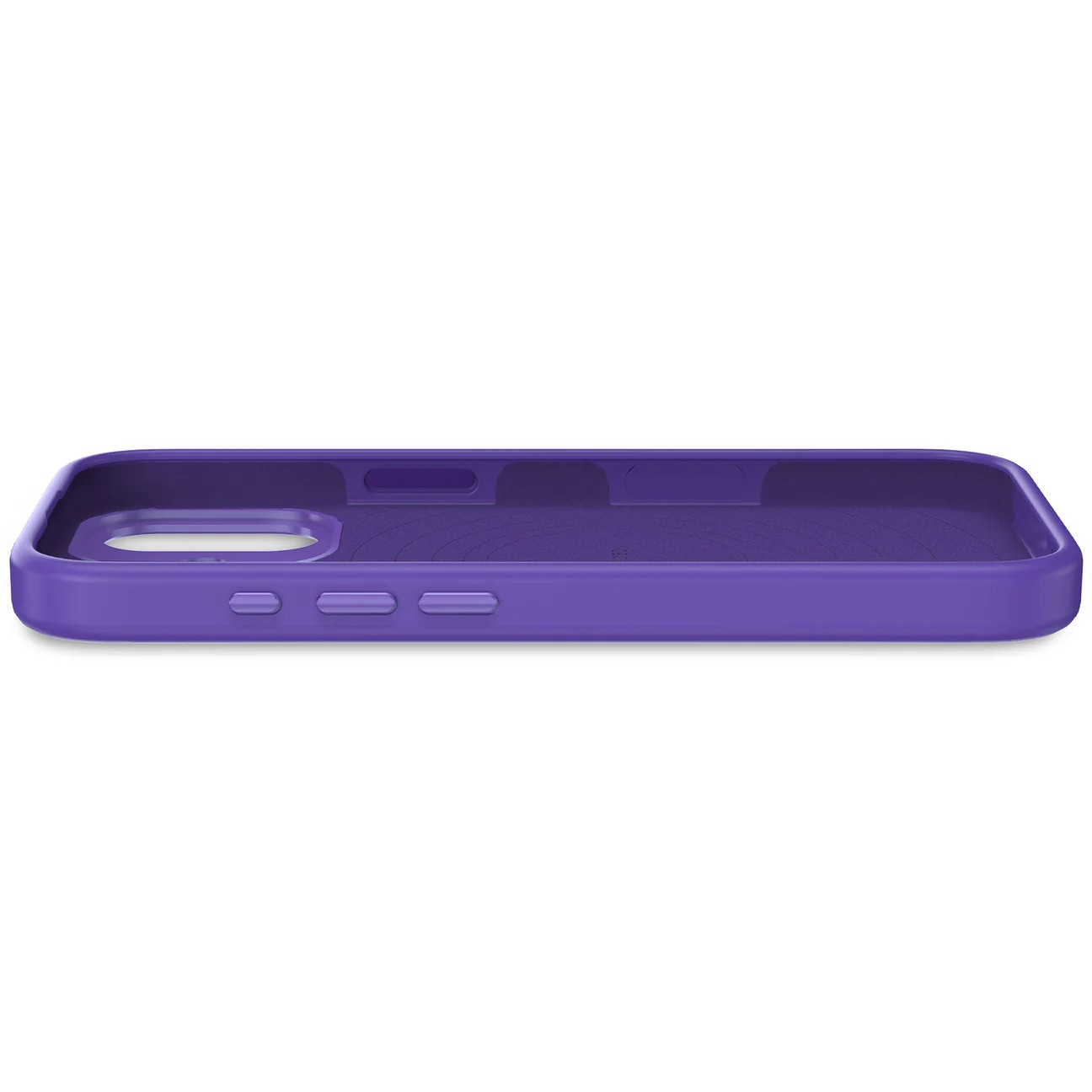 Custodia viola per telefono con ritagli per fotocamera e pulsanti.