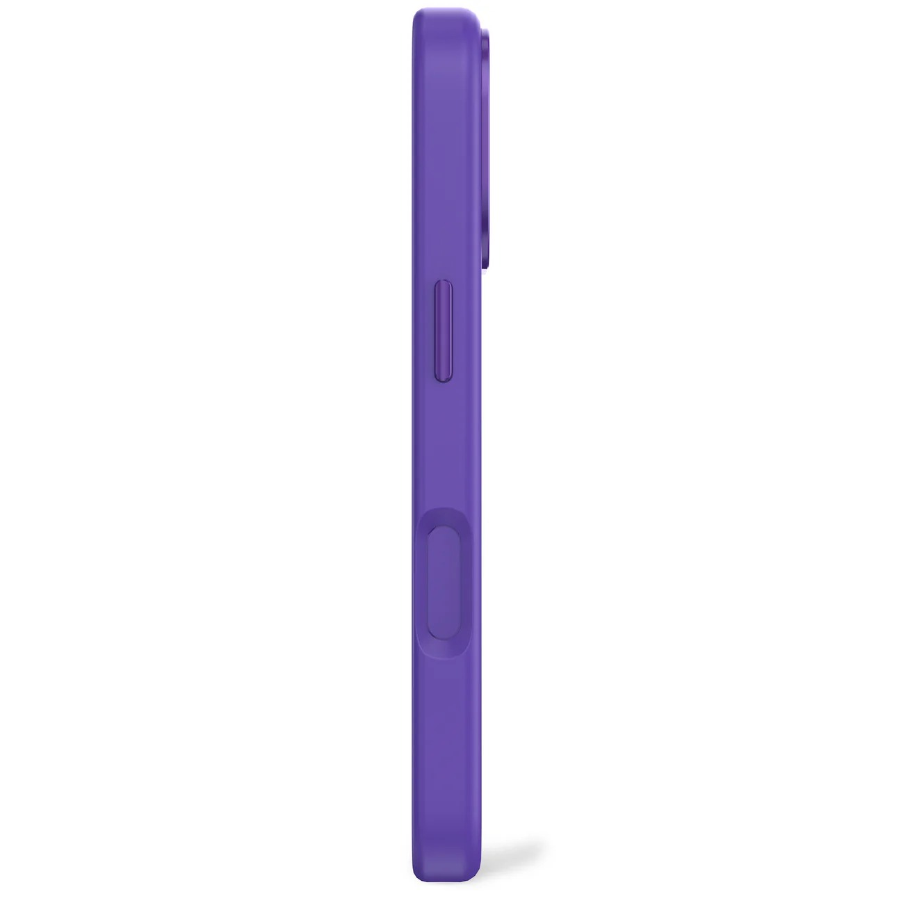 Custodia viola per telefono di profilo, con pulsanti laterali.