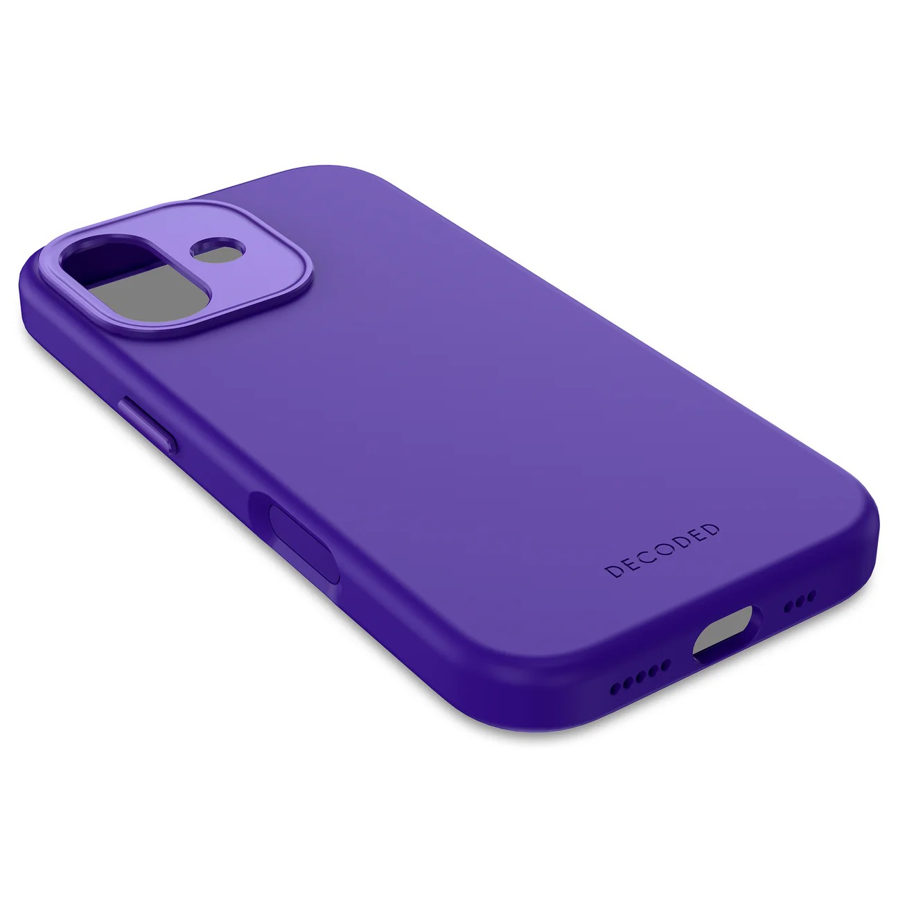 Custodia viola per telefono con foro per fotocamera e logo DECODED, su bianco.