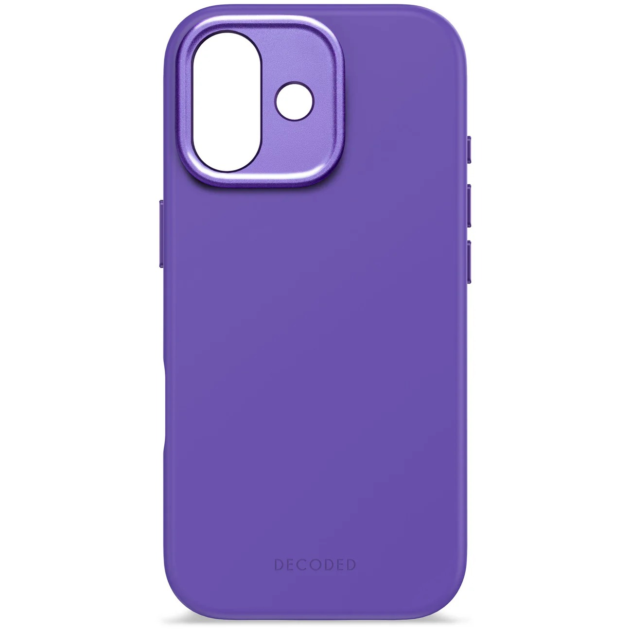 Custodia viola per telefono con ritaglio fotocamera e pulsanti laterali. Il logo DECODED è in basso.