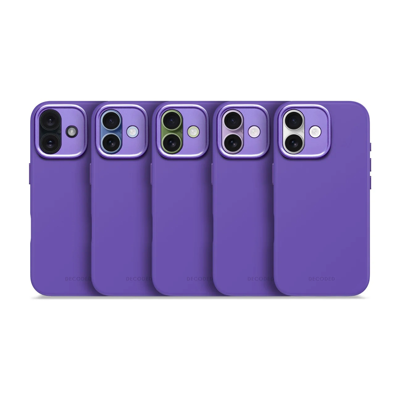 Cinque custodie viola per telefono con fotocamere, allineate una accanto all'altra.