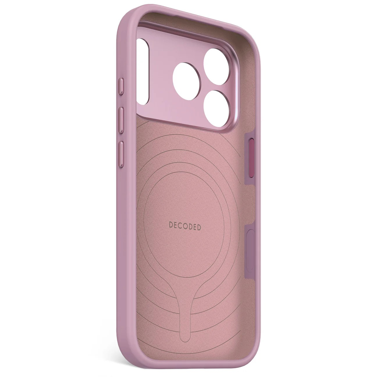 Una cover per telefono rosa con ritagli per fotocamere e pulsanti. Logo DECODED.