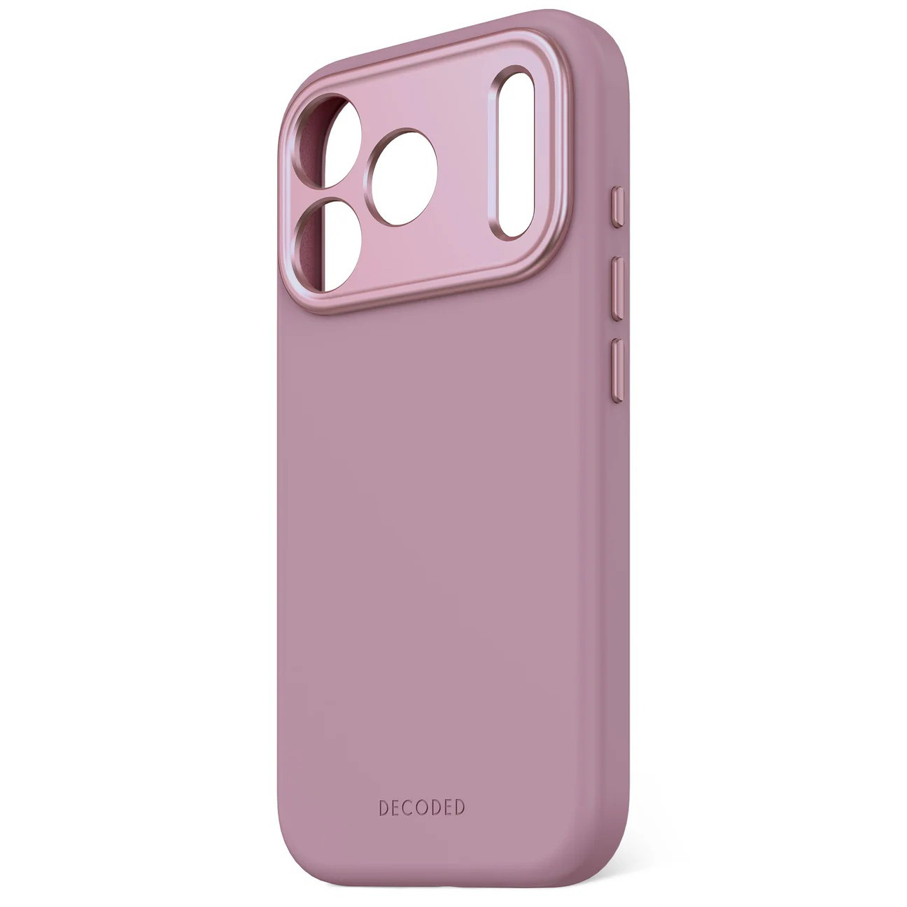 Una custodia rosa per telefono con ritagli per fotocamere e pulsanti.