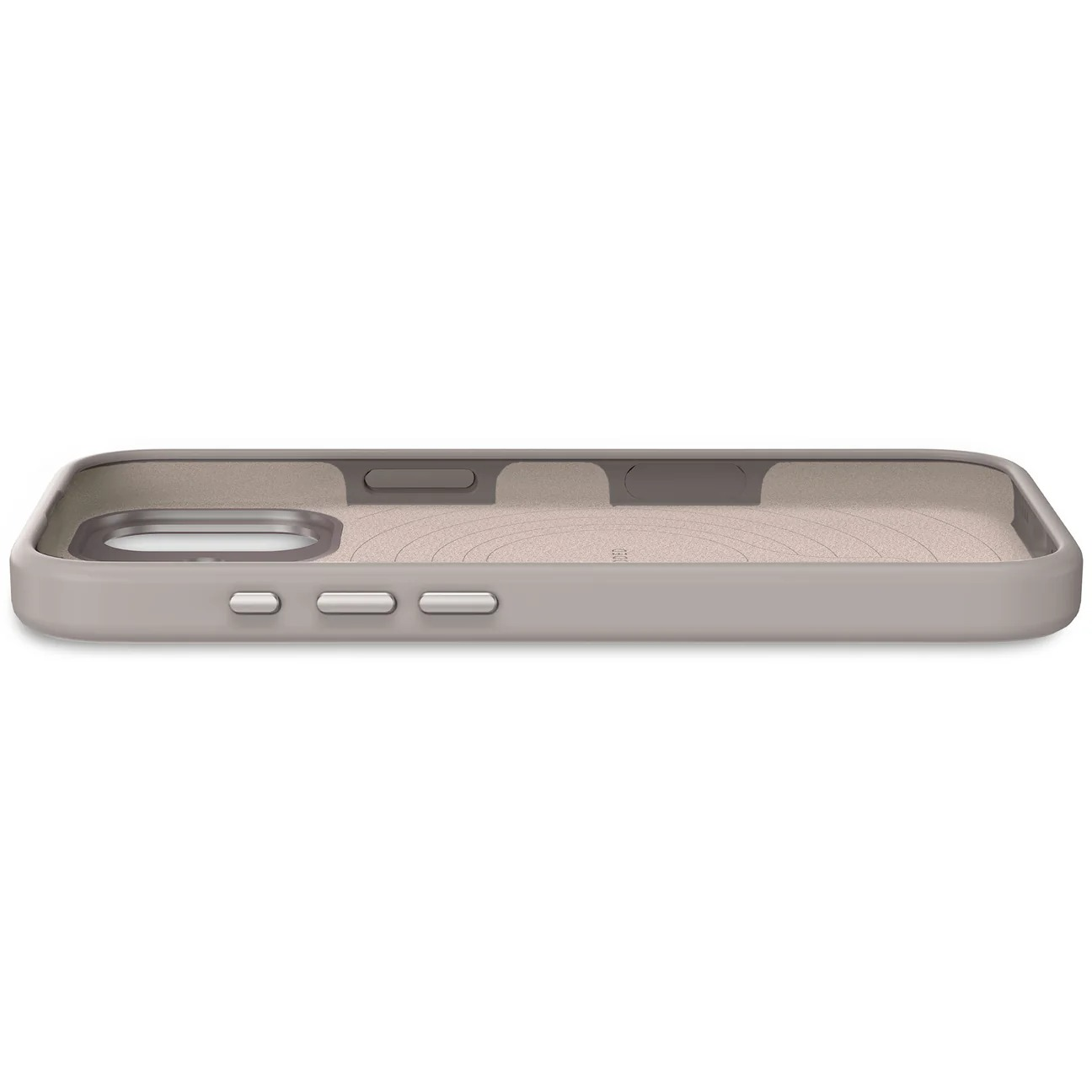 Vista lateral de una funda de teléfono gris con botones y recorte de cámara.