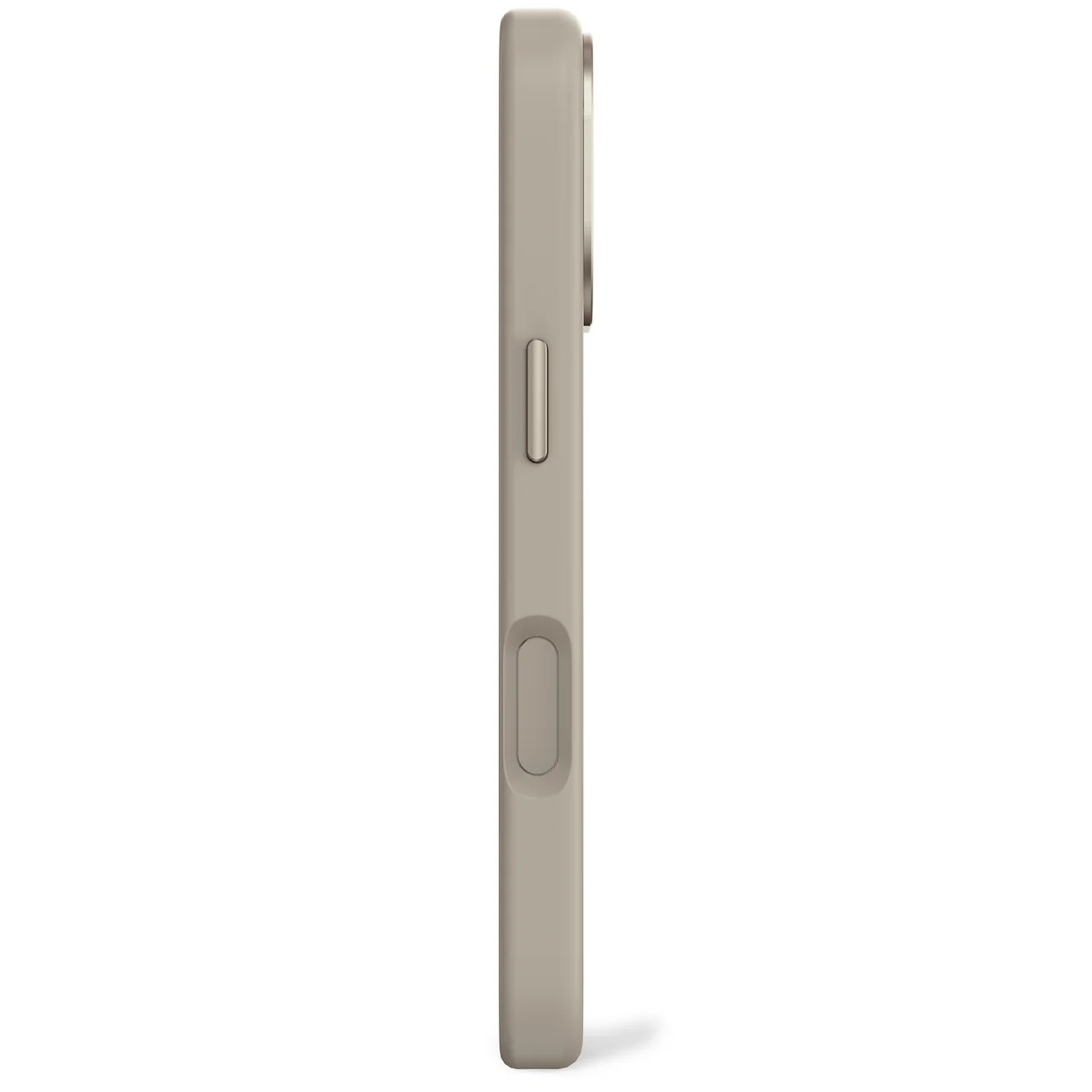 Funda de teléfono beige en perfil con botones visibles y anillo de cámara.