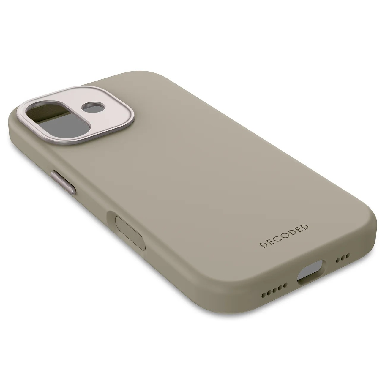 Una funda de teléfono gris con anillo de cámara plateado y logo.