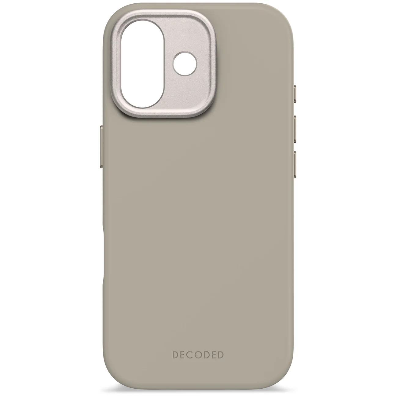 Una funda de teléfono gris con un recorte rectangular para la cámara y orificio circular para el flash.