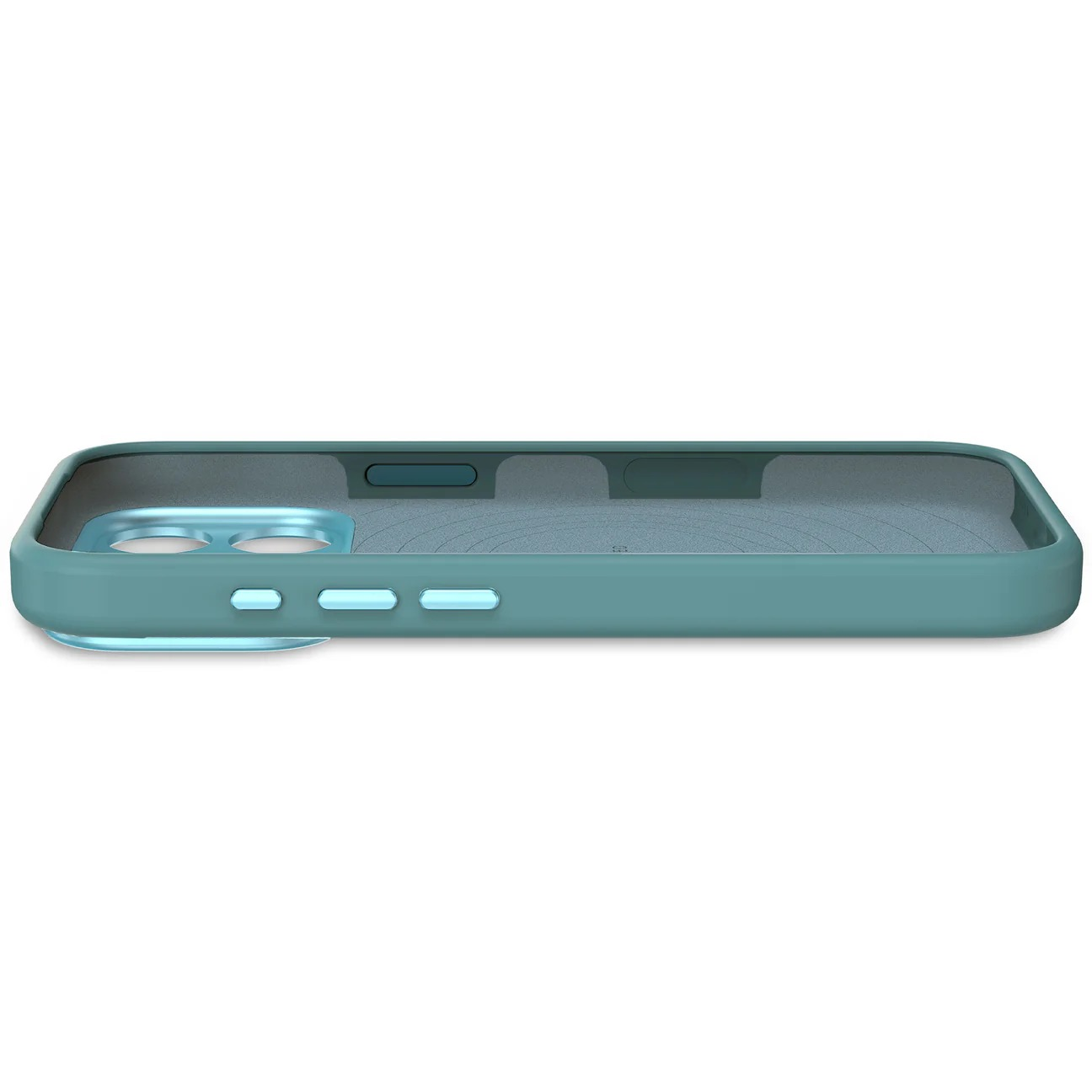 Una custodia per telefono color verde acqua con pulsanti e ritaglio per fotocamera.