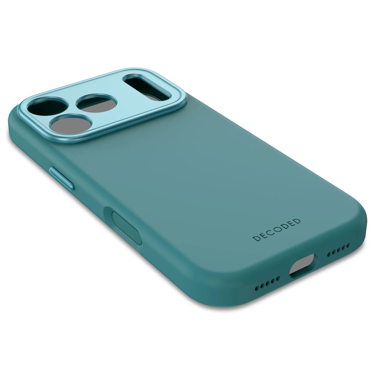 Custodia per telefono verde acqua con bordo fotocamera azzurro e logo DECODED. Sfondo bianco.