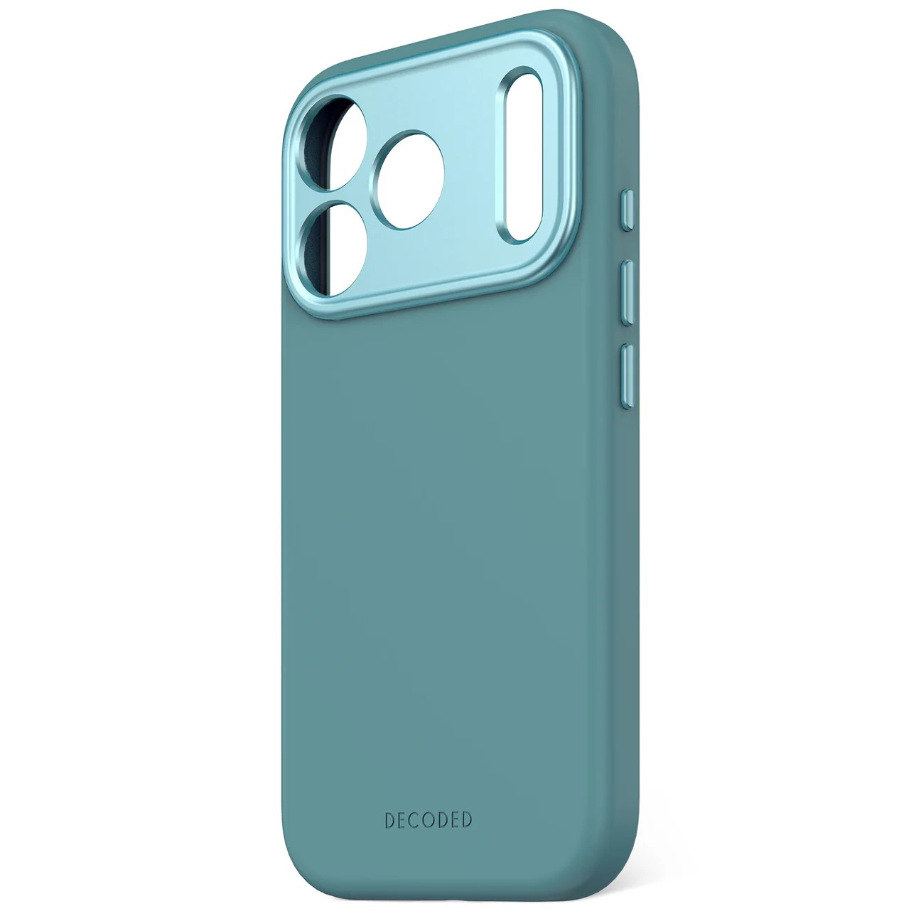 Una custodia per telefono verde acqua con anello fotocamera azzurro.