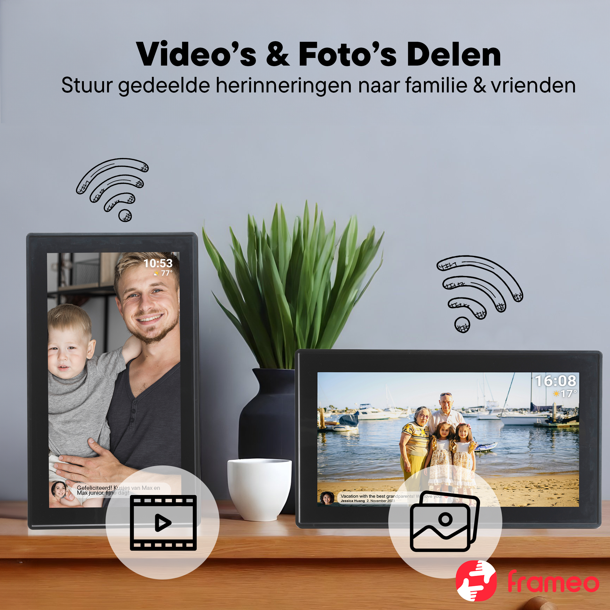 Dwa cyfrowe ramki na zdjęcia pokazują zdjęcia rodziny i dzieci. Widoczne ikony Wi-Fi.