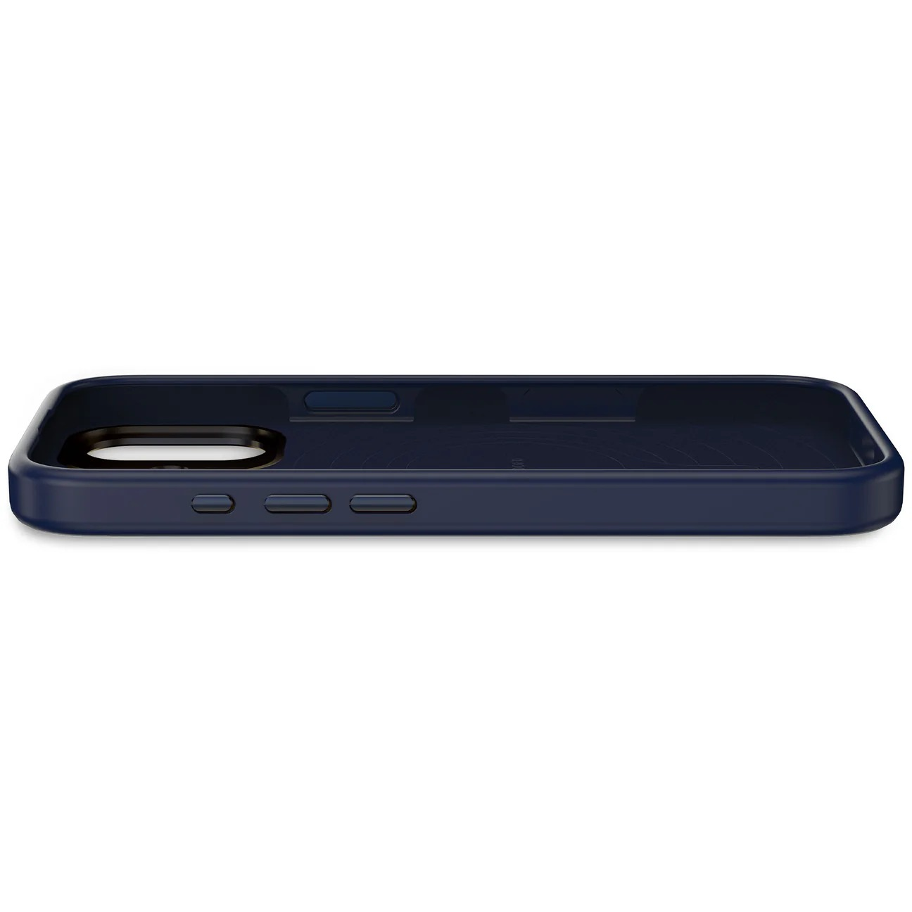 Una custodia blu navy con ritagli per fotocamere e pulsanti.