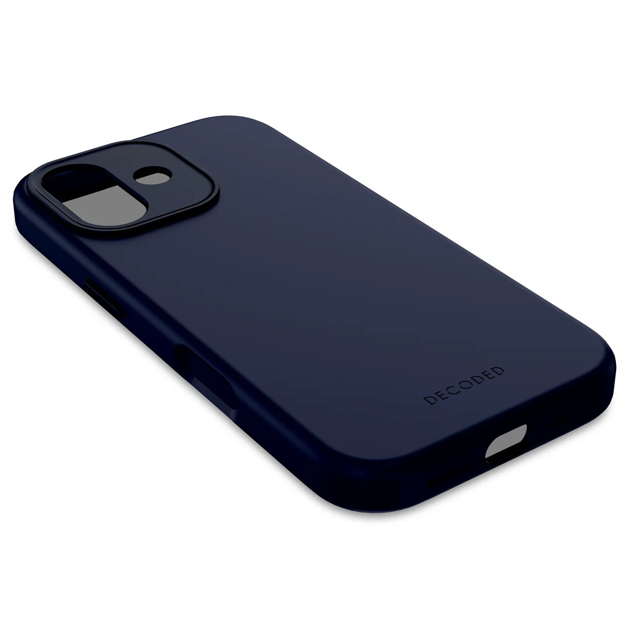 Custodia blu scuro per telefono con ritaglio fotocamera e logo.