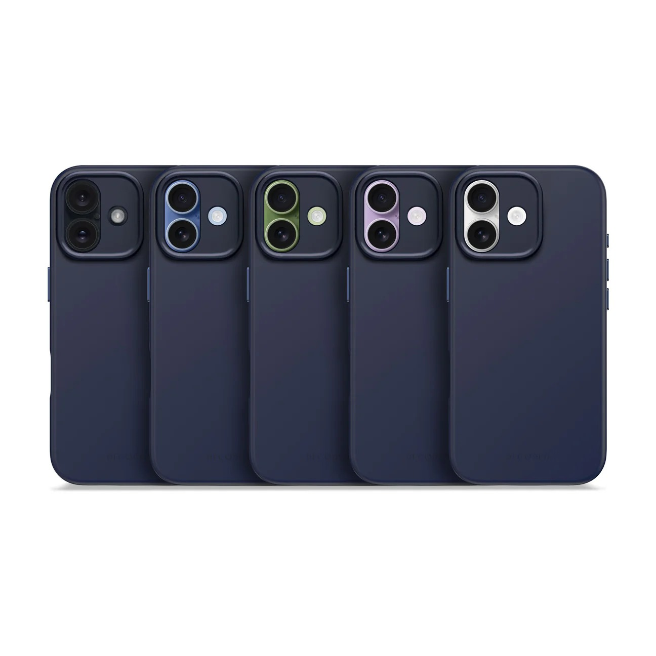 Cinque custodie per telefono blu scuro in fila, ognuna con due fotocamere.