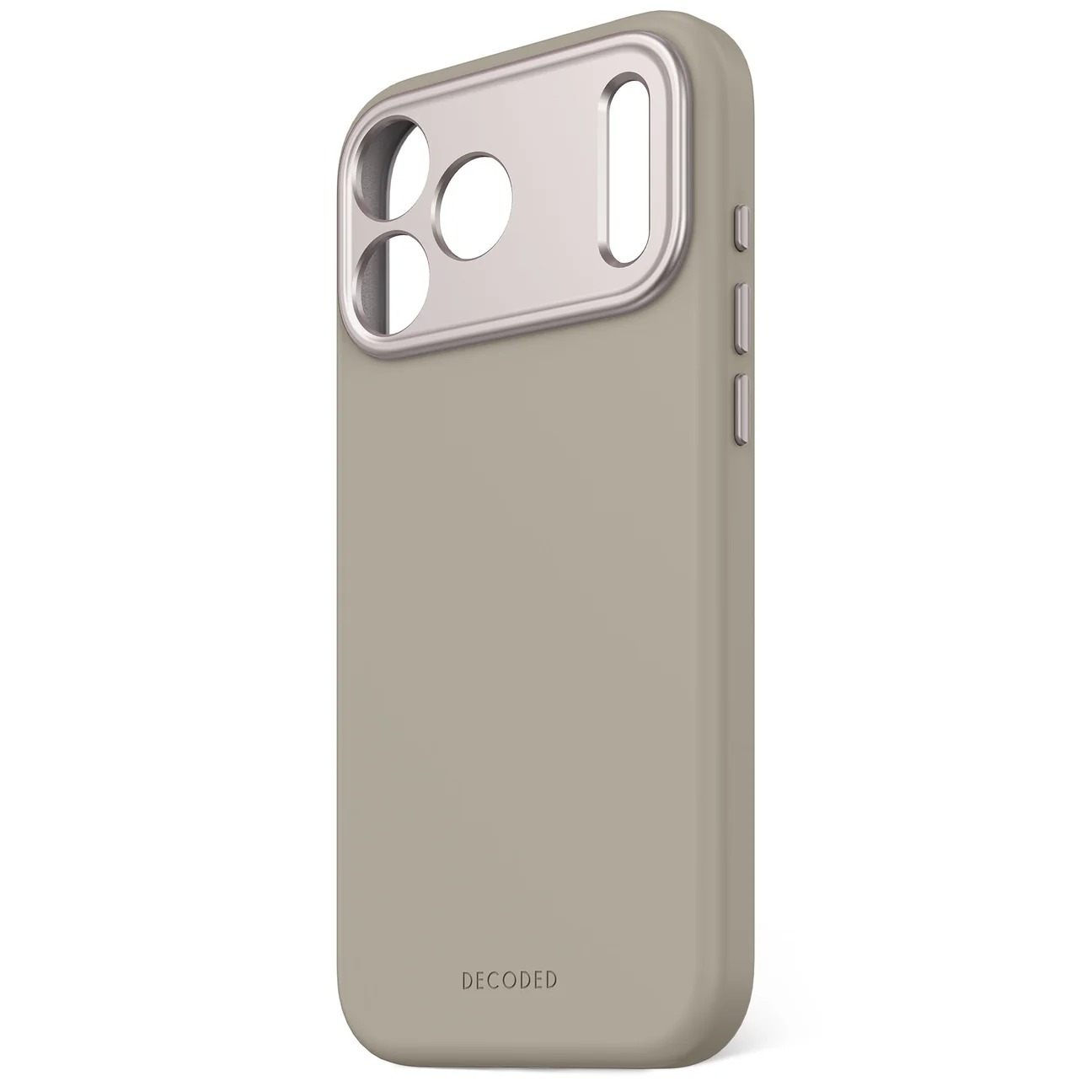 Eine beige Handyhülle mit einem silbernen Kameramodul auf der Rückseite.