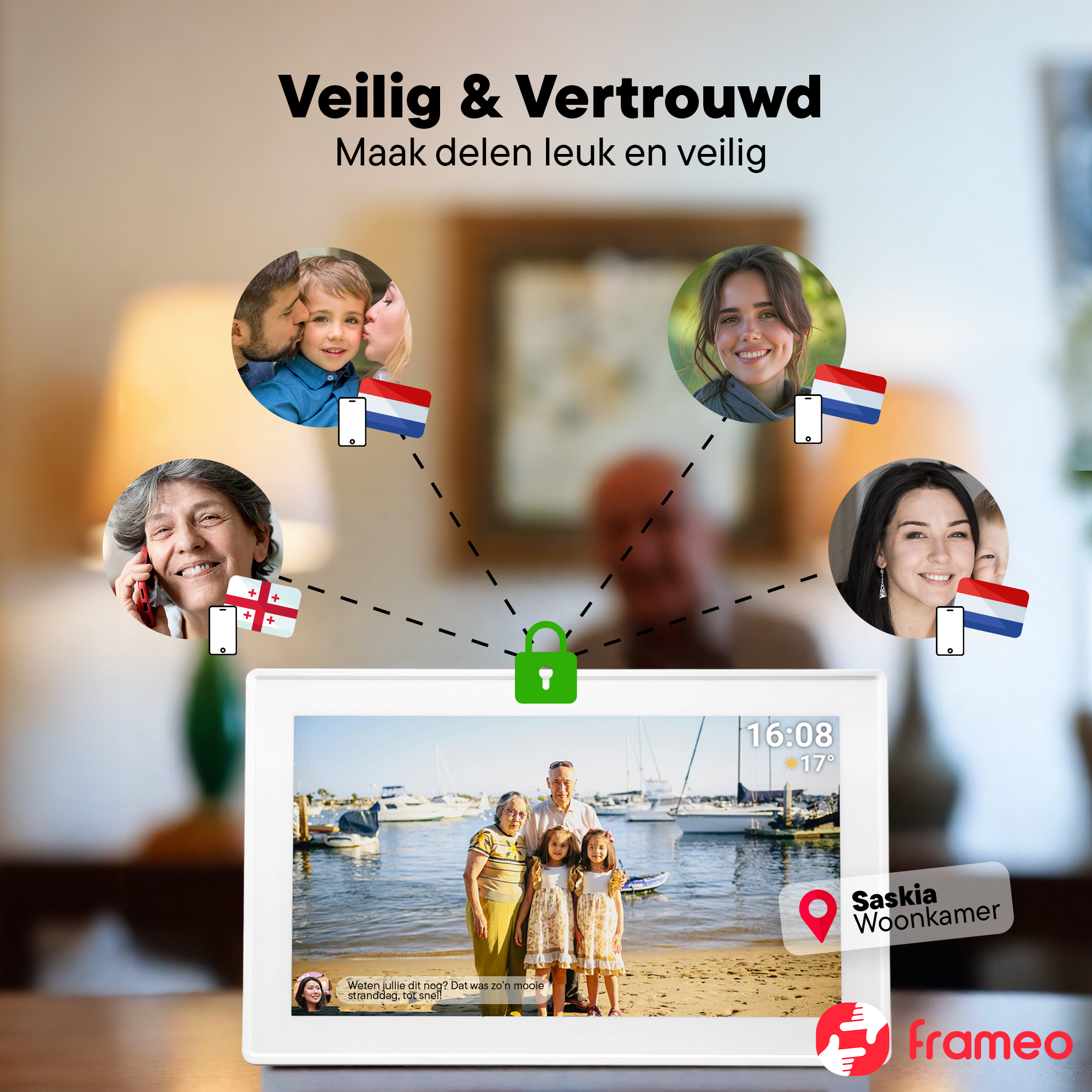 Digitale Fotorahmen zeigt Familie am Strand, Fotos von Freunden und ein Schloss-Symbol.