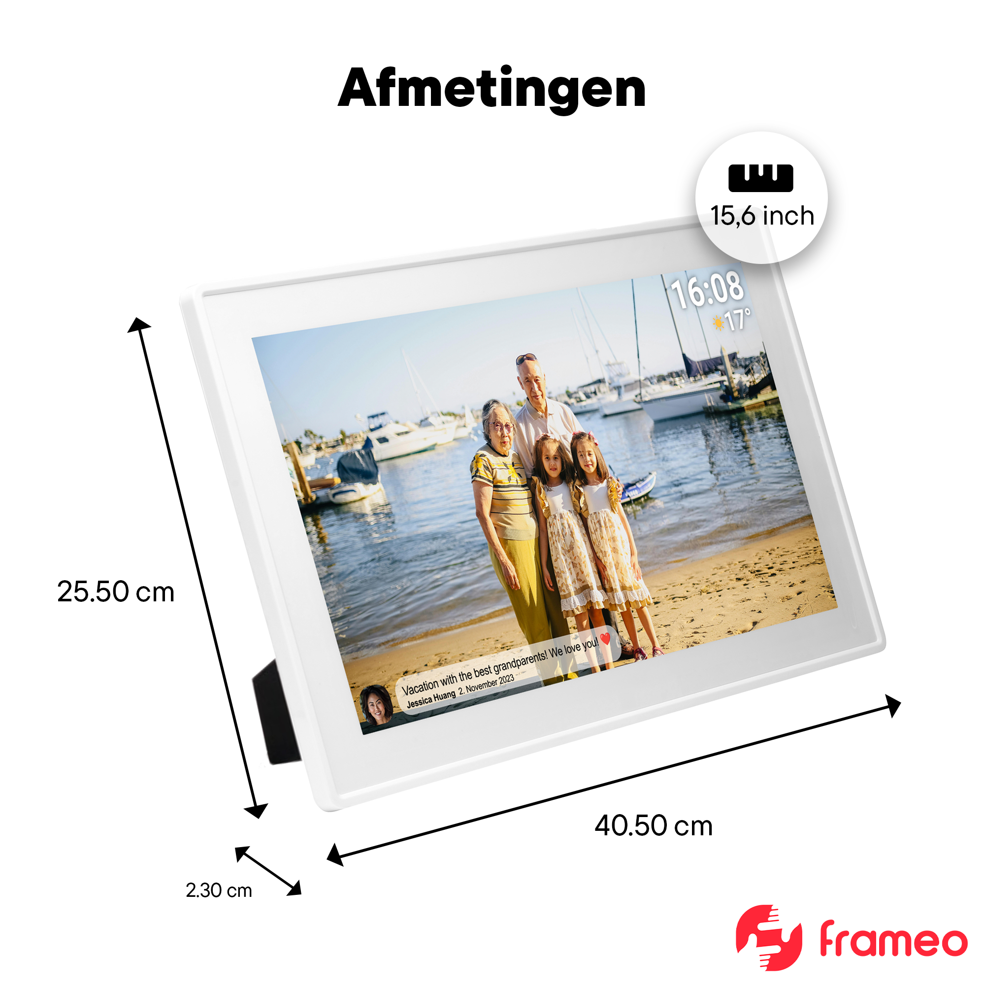 Digitaler Bilderrahmen mit Familie am Strand, 15,6 Zoll, 40,5 x 25,5 cm.