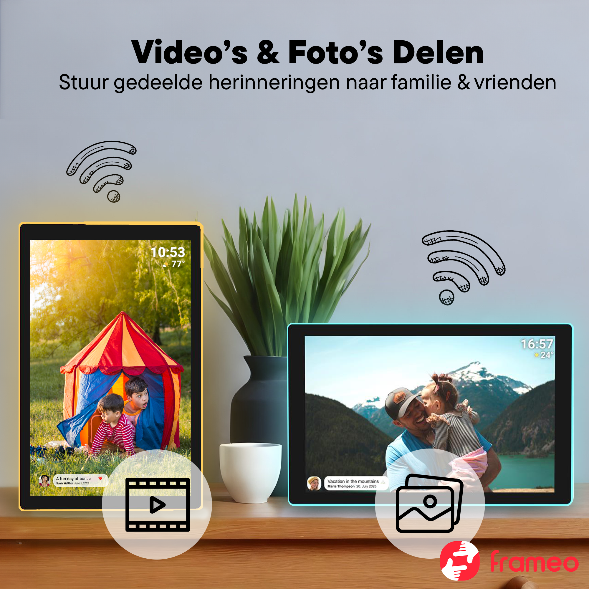 Two tablets display memories. One shows kids in a tent, the other a father with a child.