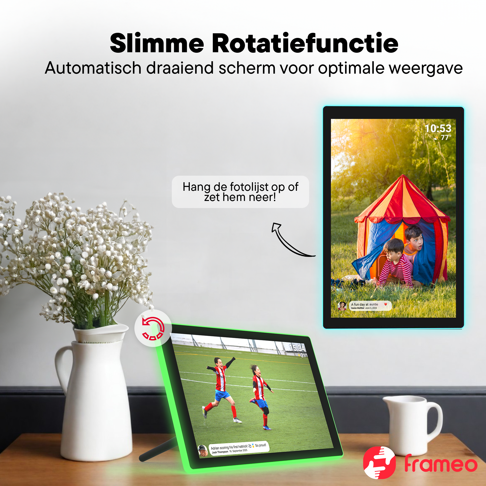 Two screens display photos: children in a tent and soccer players.