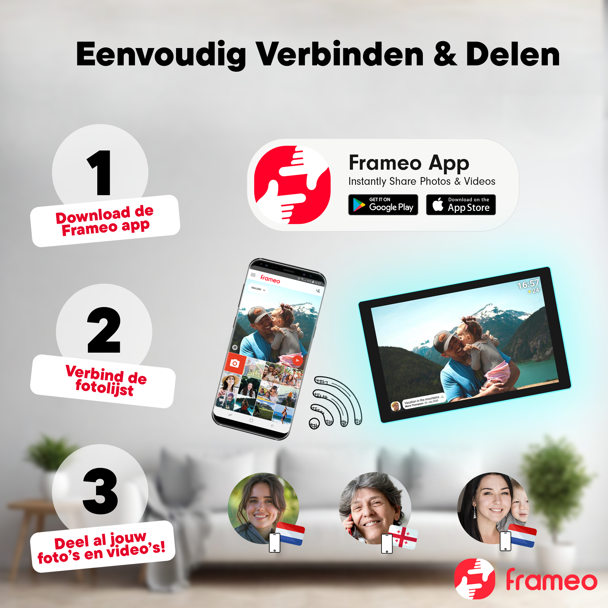 Guide: Download Frameo app, connect photo frame, share photos/videos. With devices.
