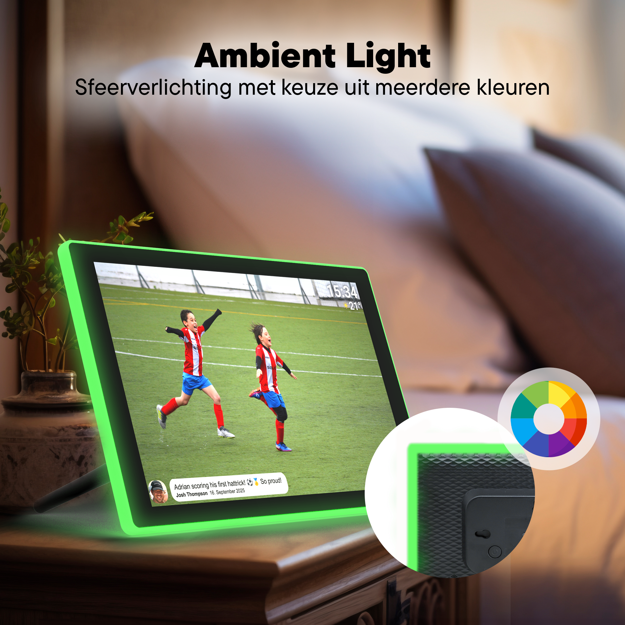 A tablet displays a boy in a soccer uniform celebrating on a green field.