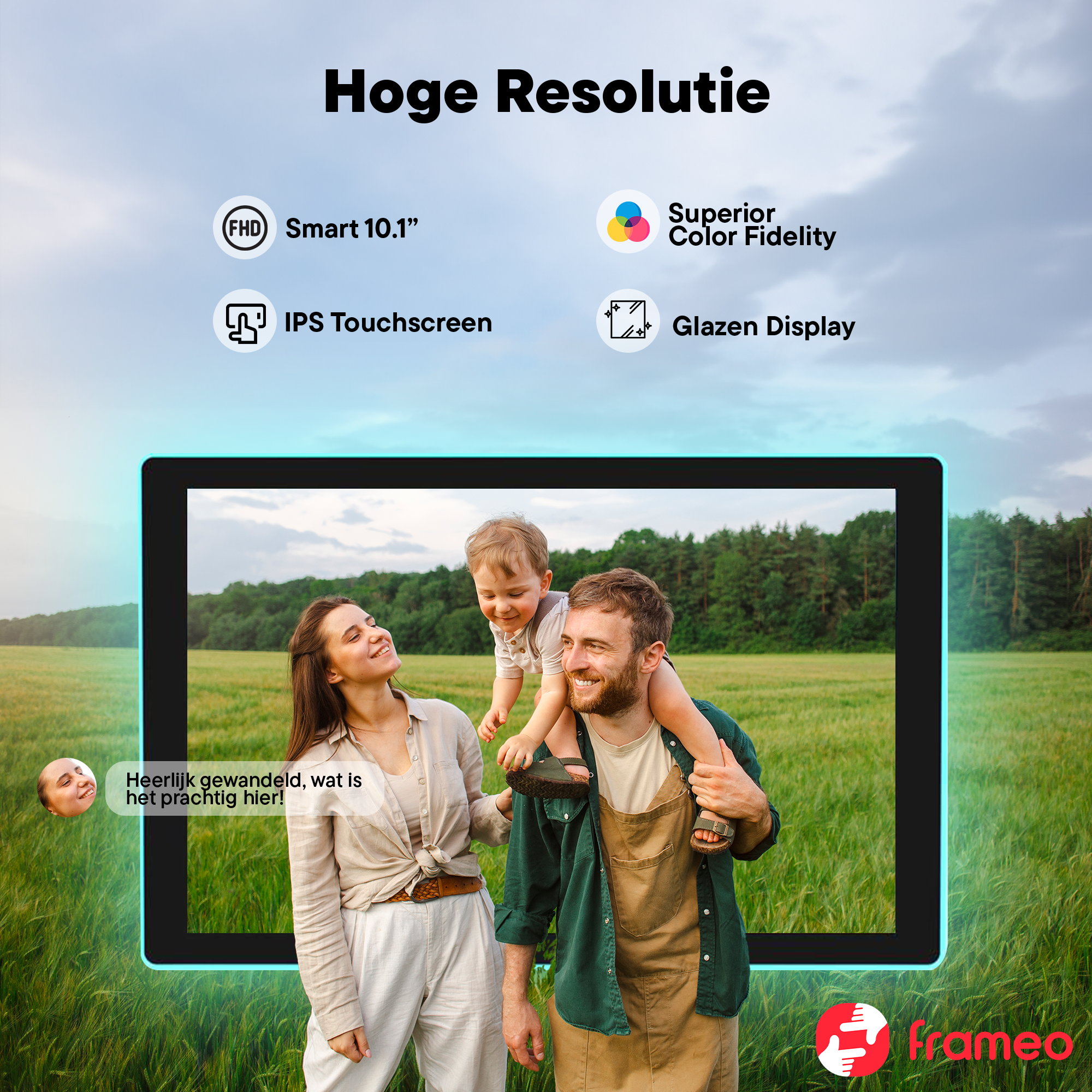 Family outdoors in front of a tablet showing resolution and screen specs.