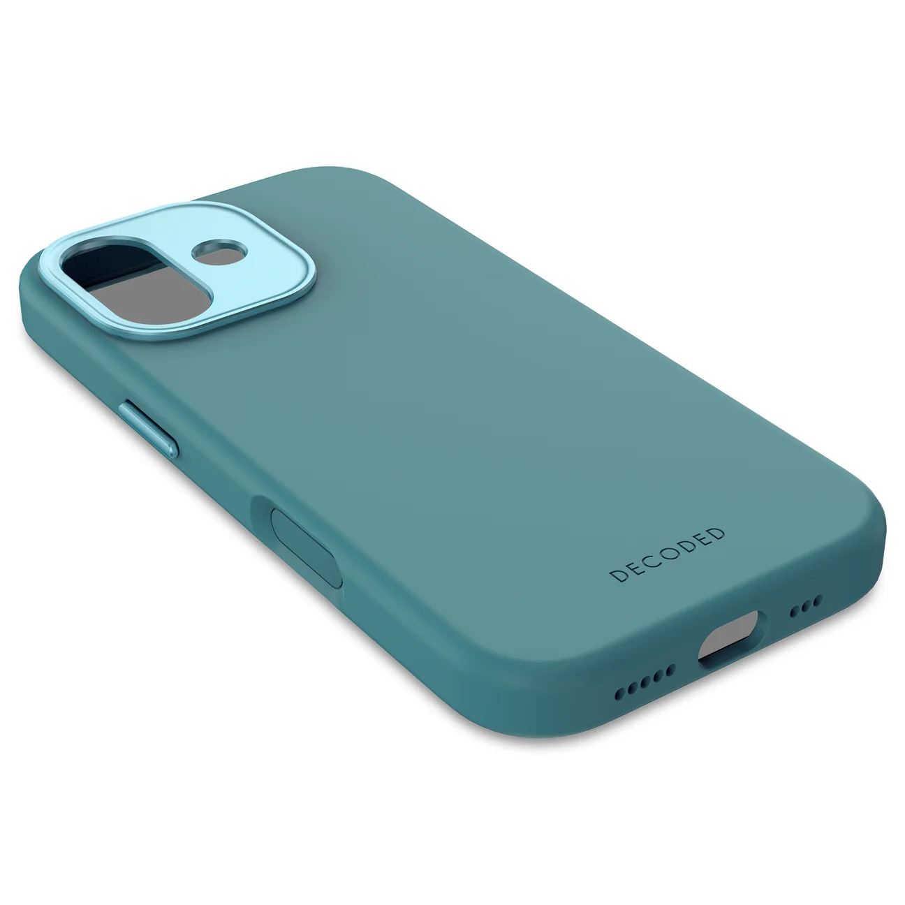 Una custodia per iPhone verde acqua con anello fotocamera azzurro su sfondo bianco.