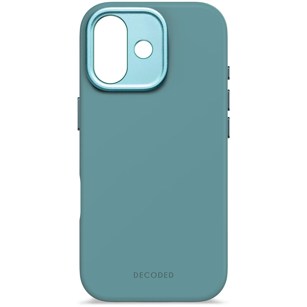 Custodia iPhone verde acqua con ritaglio doppia fotocamera e logo DECODED.