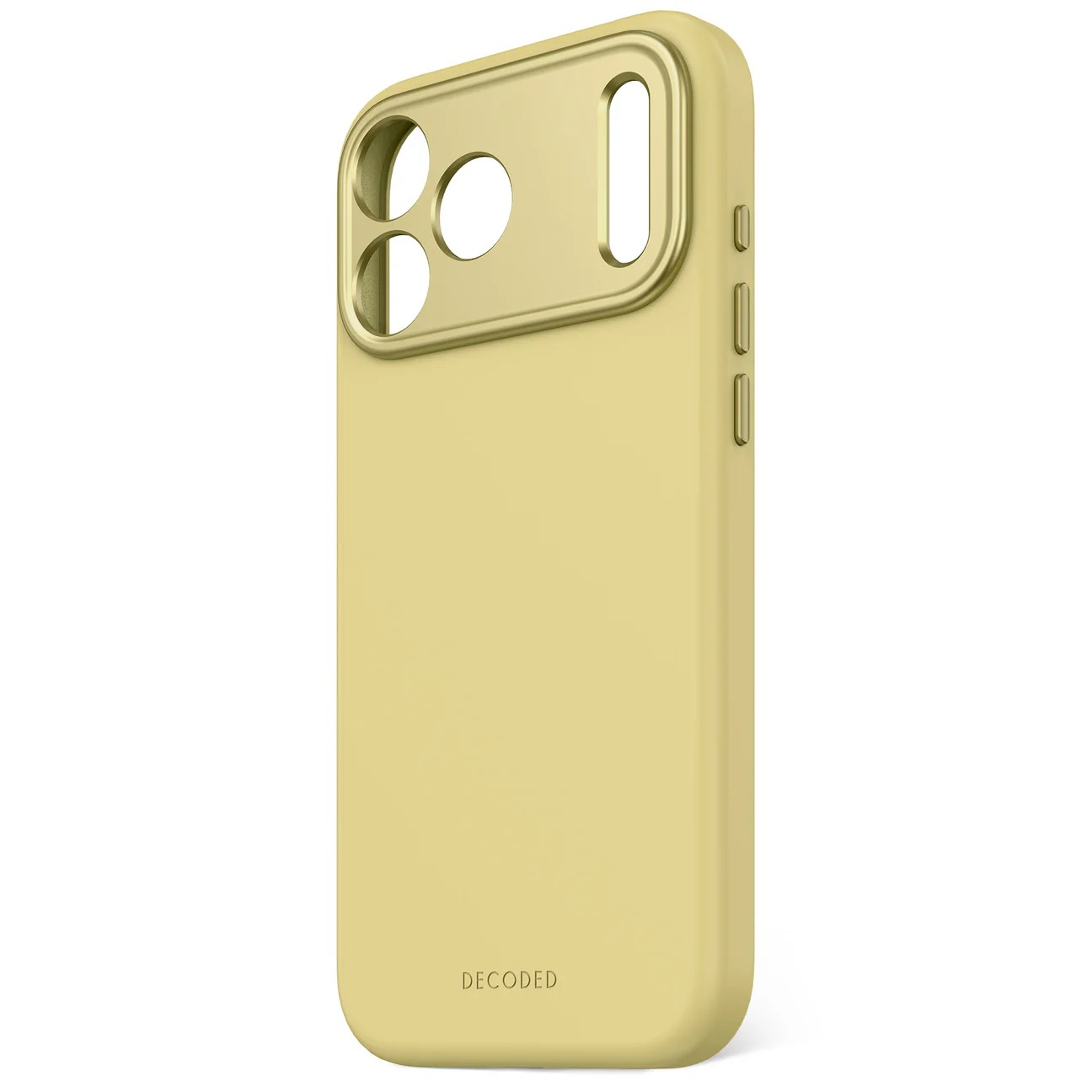 Eine gelbe iPhone-Hülle mit Kameraöffnung und Logo auf weißem Hintergrund.