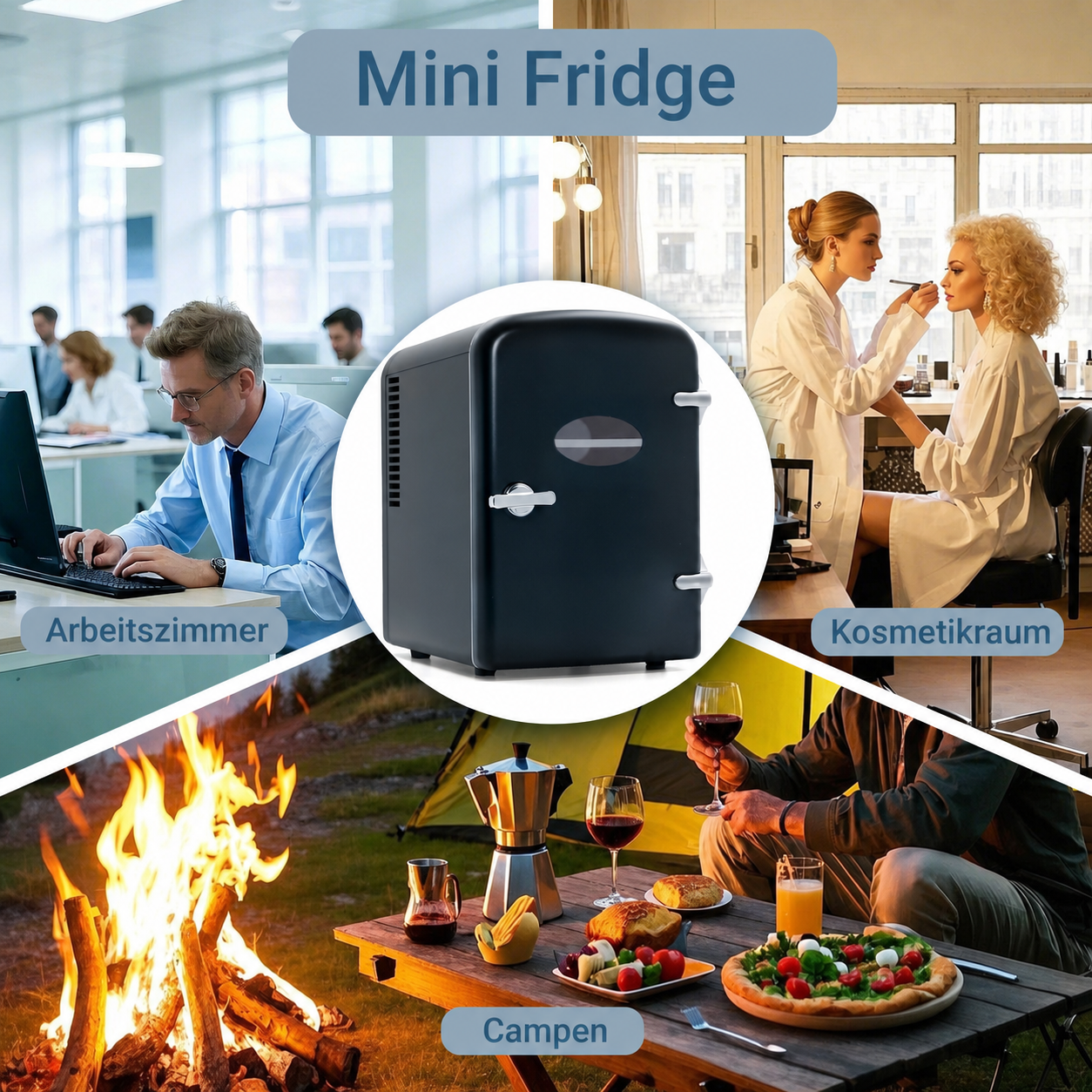 Mini frigo nero compatto in ambientazioni da ufficio, cosmetica e campeggio.