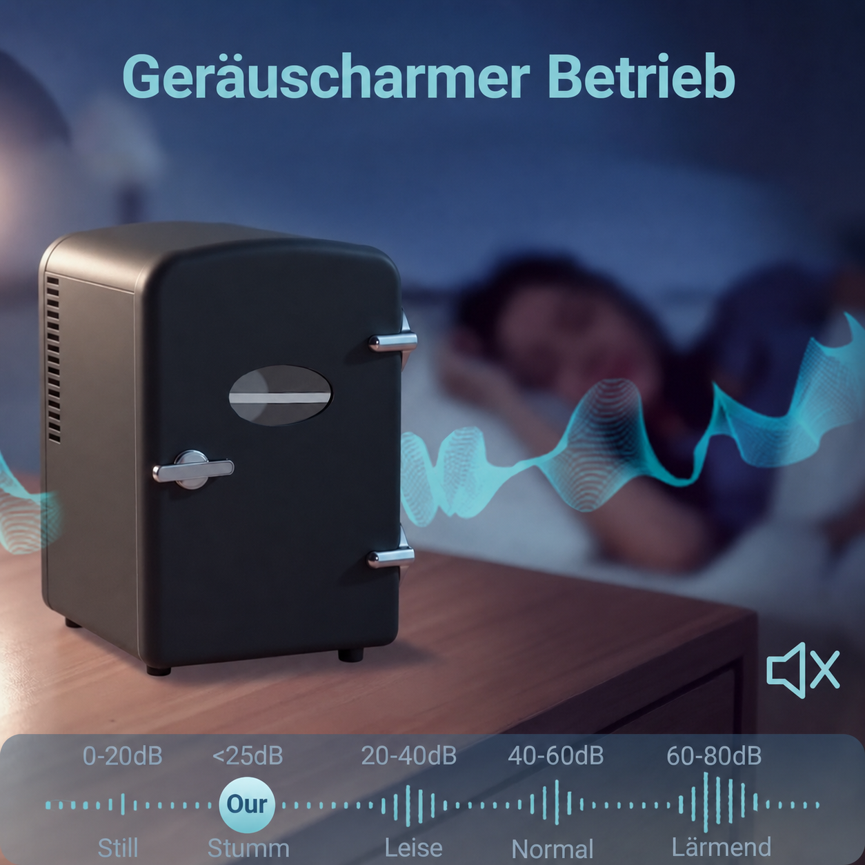 Un mini frigo è su un tavolo accanto a una persona che dorme. Onde sonore indicano un funzionamento silenzioso.