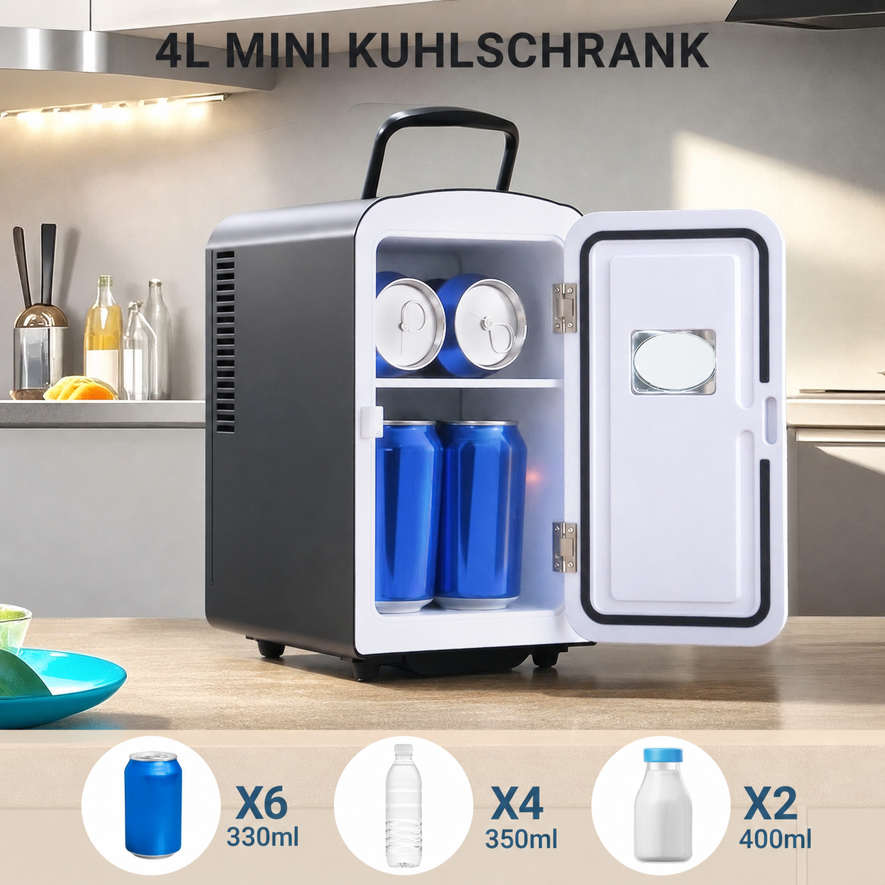 Un mini frigo nero con porta aperta, contenente lattine e bottiglie blu.