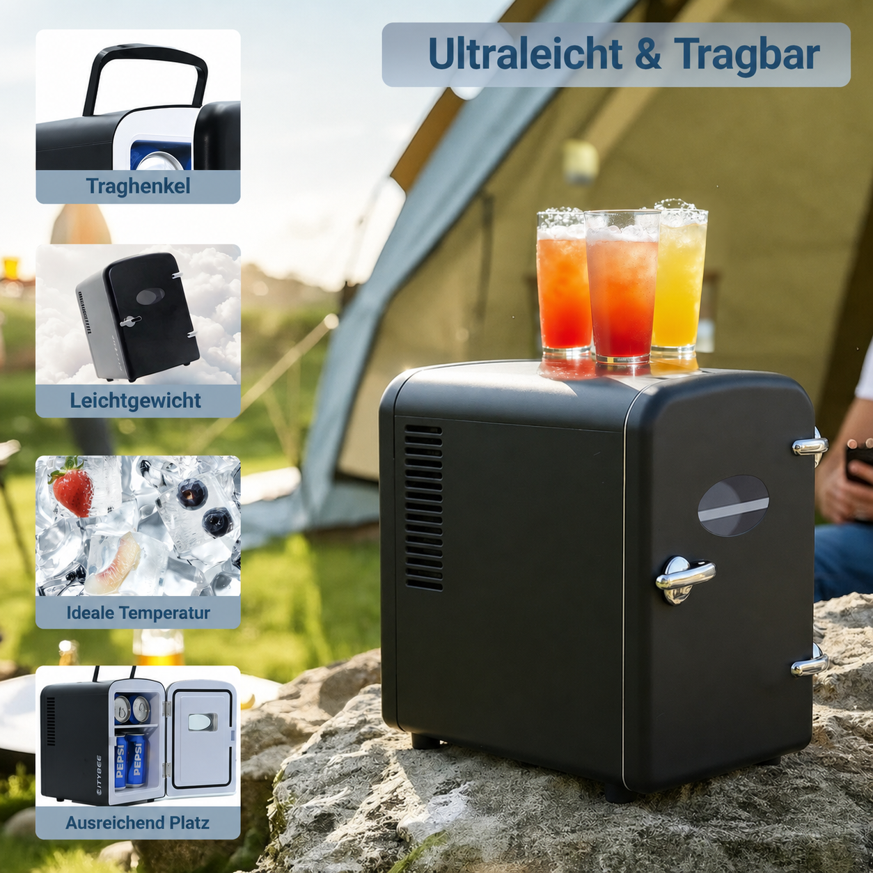 Un mini-frigo nero con tre bibite colorate sopra, all'aperto.