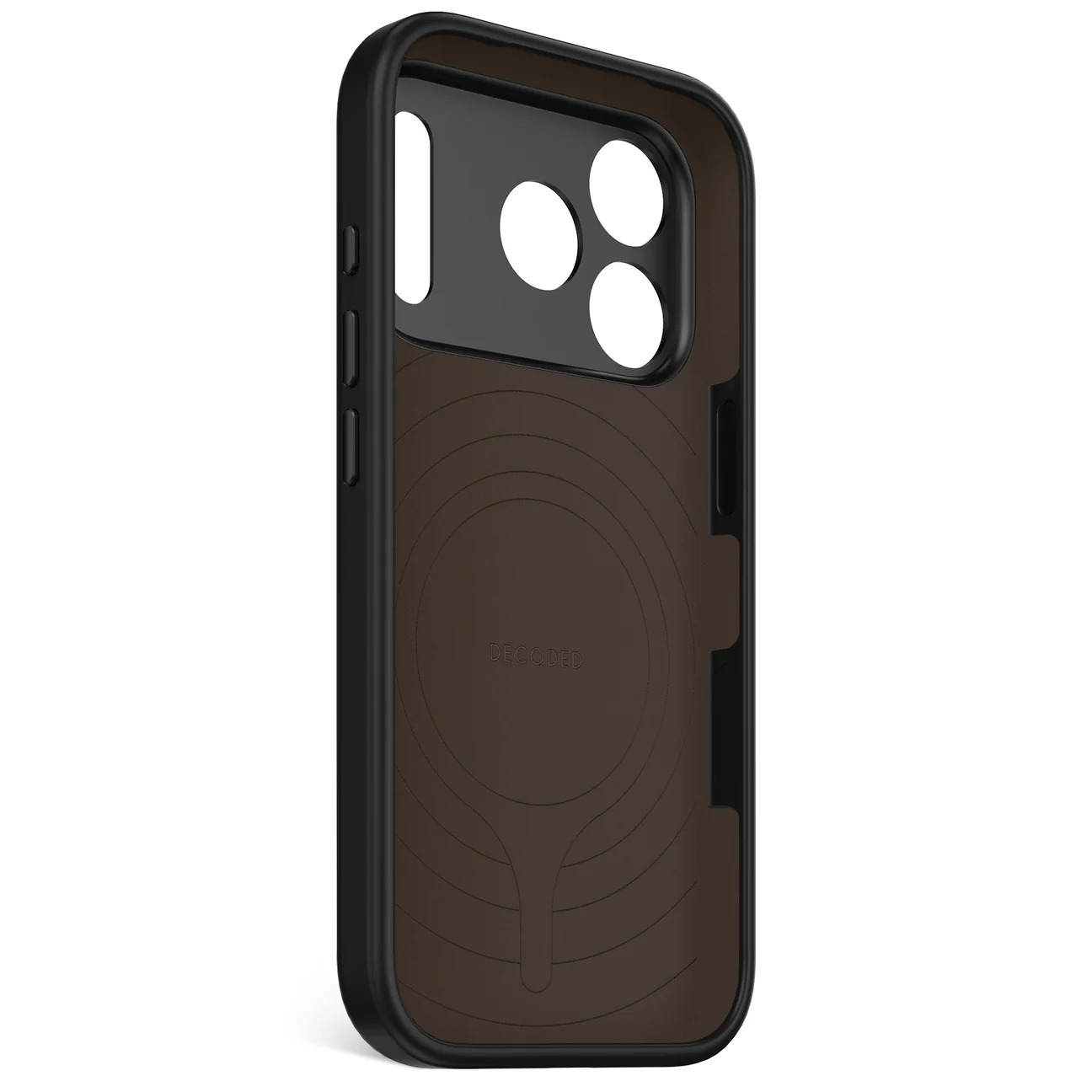 Custodia per telefono marrone con ritagli per fotocamere e pulsanti.
