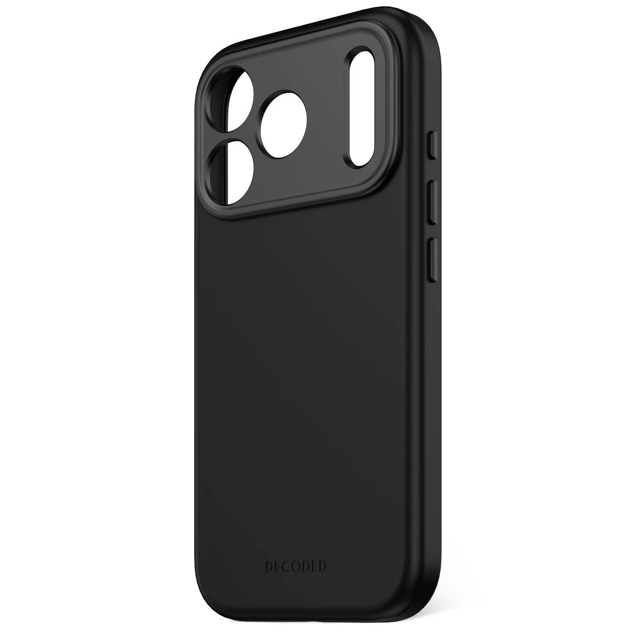 Custodia nera per telefono con ritagli per fotocamera e pulsanti.