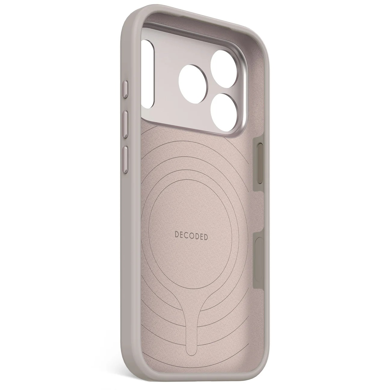 Interno di una custodia per telefono grigio chiaro con ritagli per fotocamere e pulsanti.