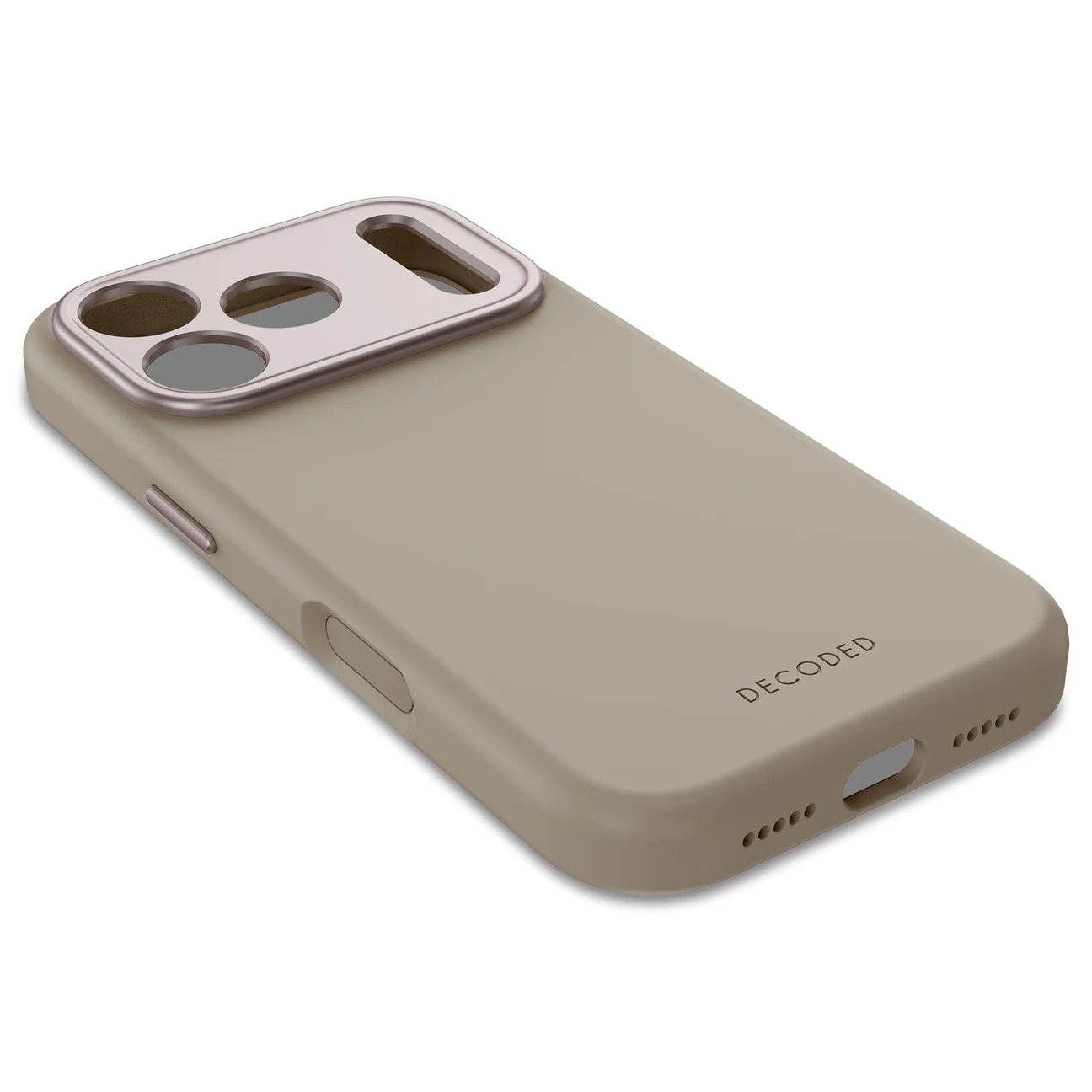 Una custodia beige per smartphone con ritaglio fotocamera e logo in rilievo.