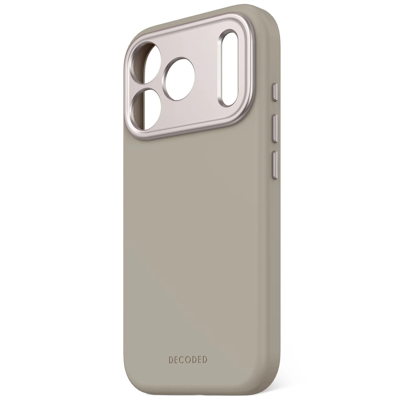Una custodia grigia per telefono con ritaglio fotocamera argentato e pulsanti.