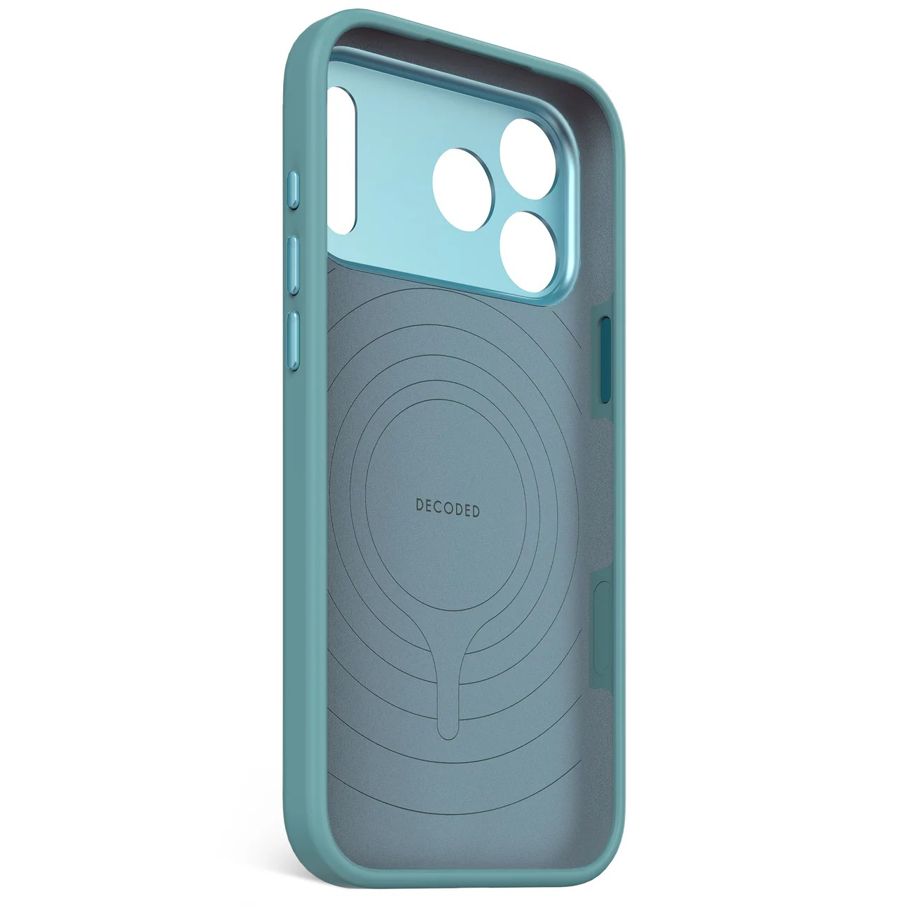 Funda de teléfono azul verdoso con recorte para tres cámaras y logo.