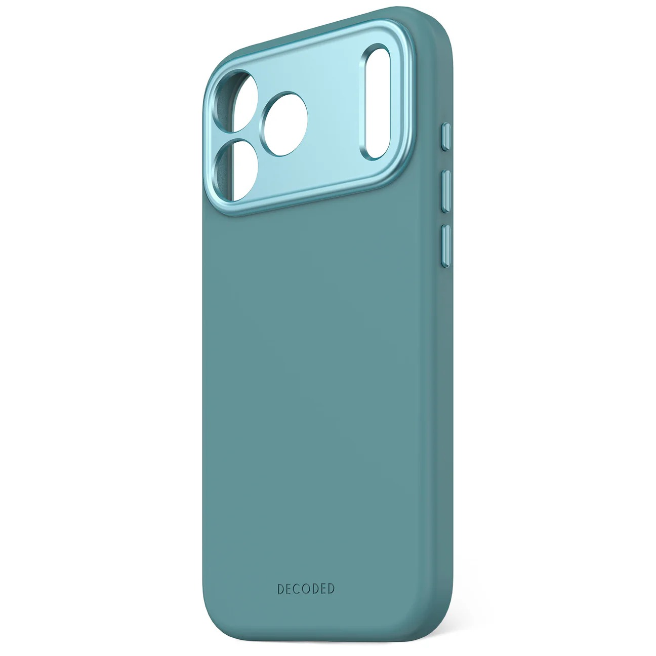 Una funda de teléfono verde azulado con carcasa de cámara y botones azul claro.
