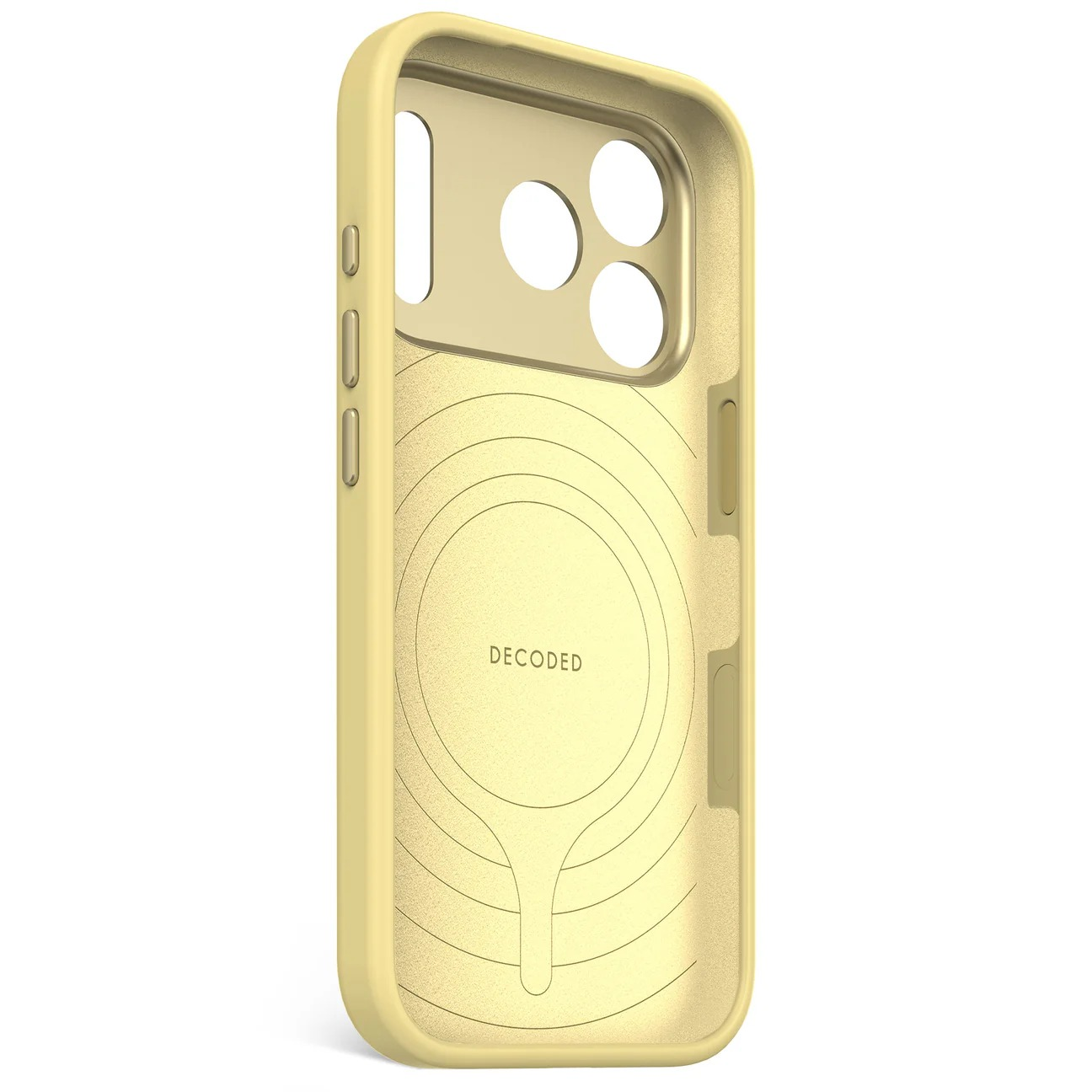 Interno custodia gialla per telefono con ritagli fotocamera e anello magnetico.