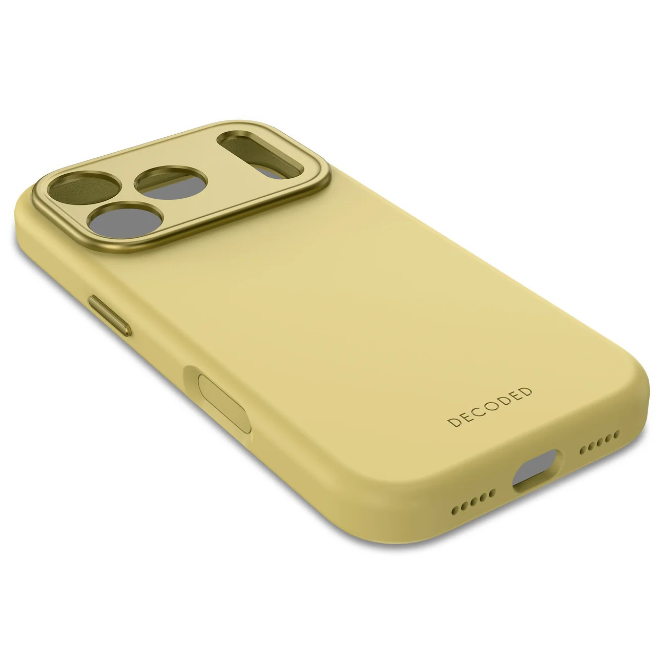Una custodia gialla per telefono con cornice dorata per fotocamera e scritte del marchio.