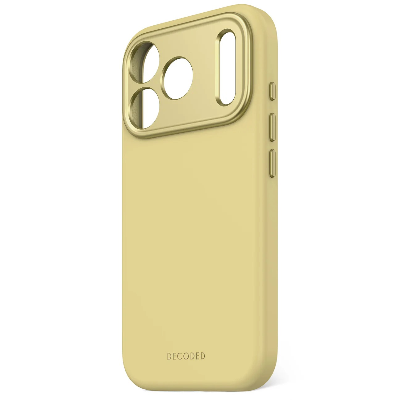 Una custodia dorata per telefono con ritagli per fotocamera e pulsanti.