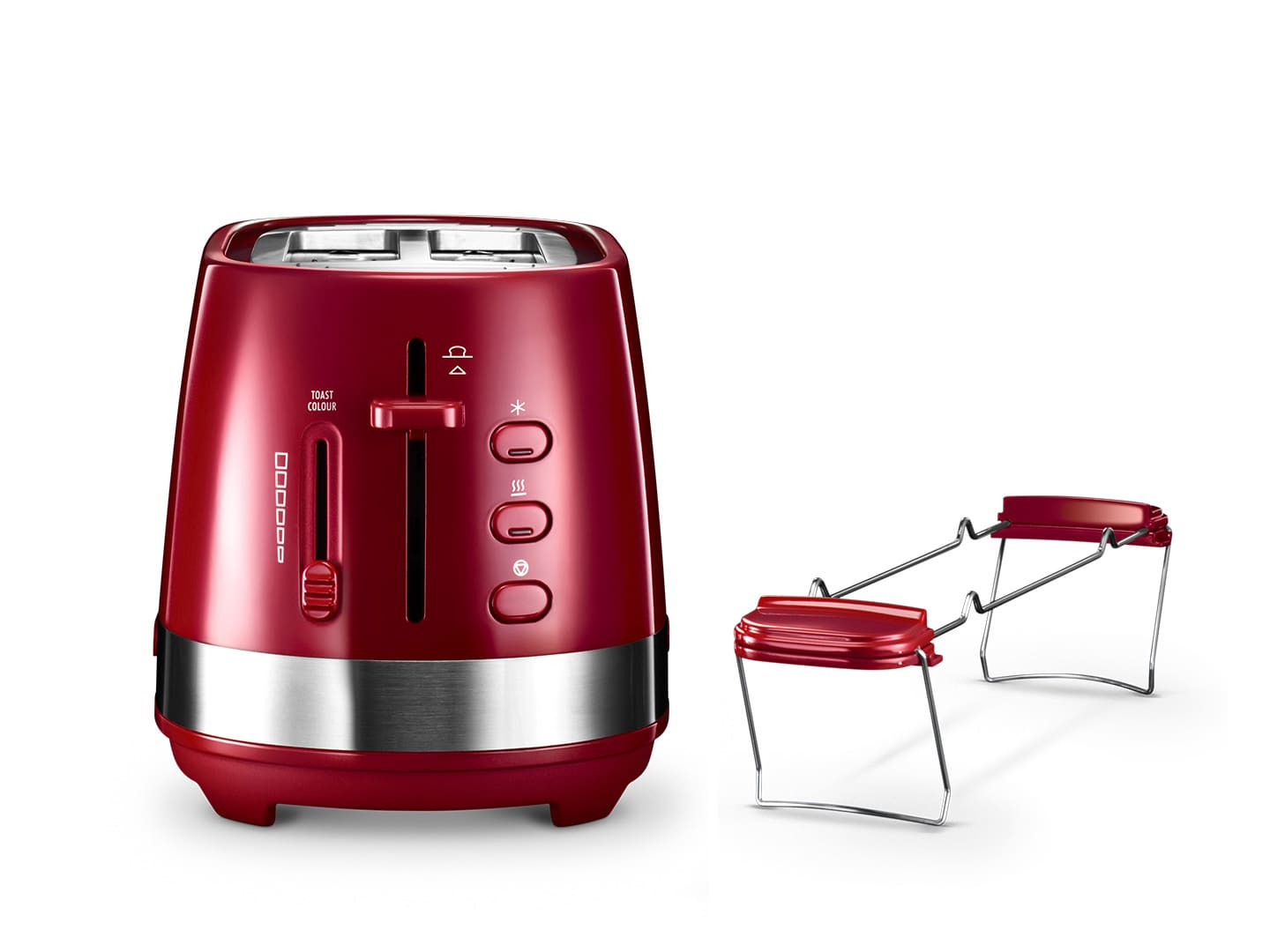Roter Toaster mit Chromakzenten und Brötchenwärmer auf weißem Grund.